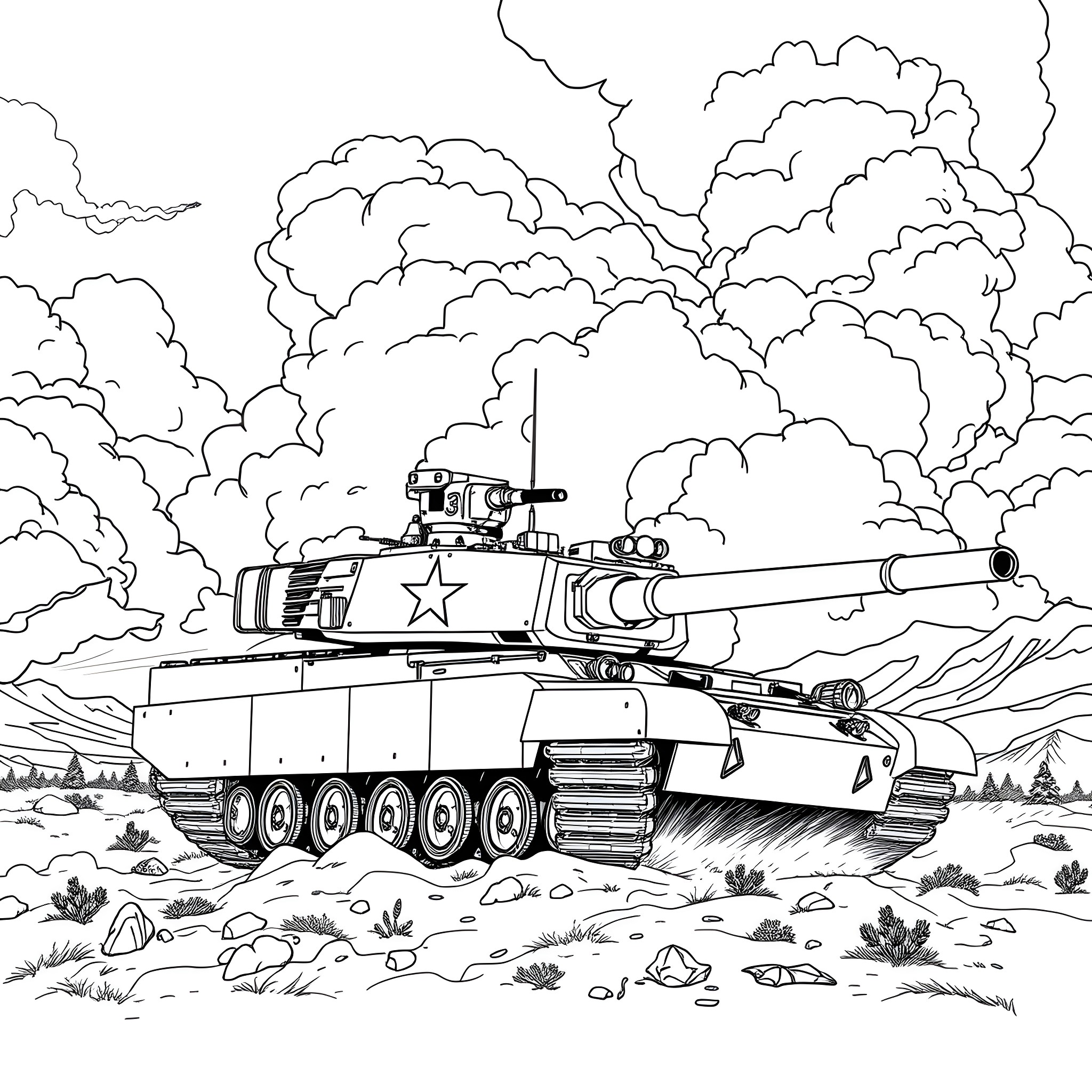 Tank amidst combat scene with clouds of smoke Coloring Page (free black-and-white line drawing printable PDF for all, from beginners to advanced learners, including children, teens, adults, and seniors)
