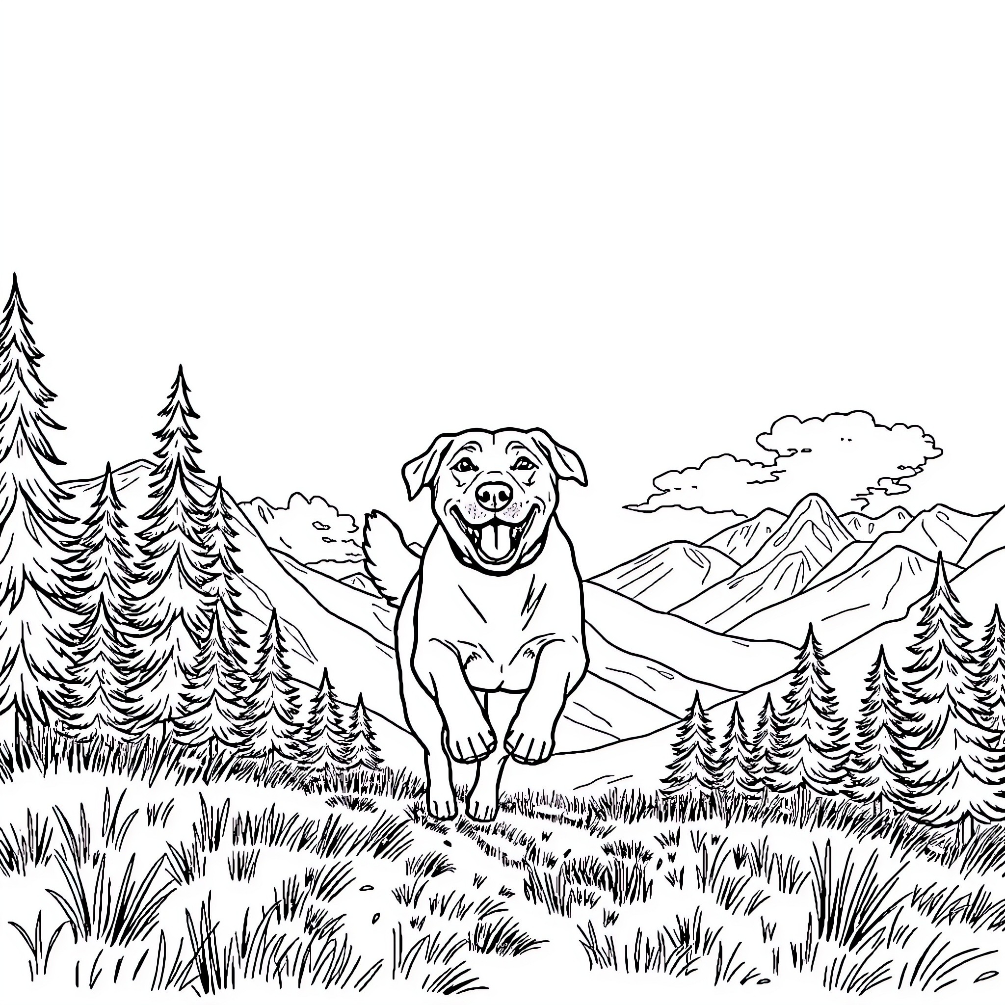 Labrador playing happily in the mountains Coloring Page (free black-and-white line drawing printable PDF for all, from beginners to advanced learners, including children, teens, adults, and seniors)