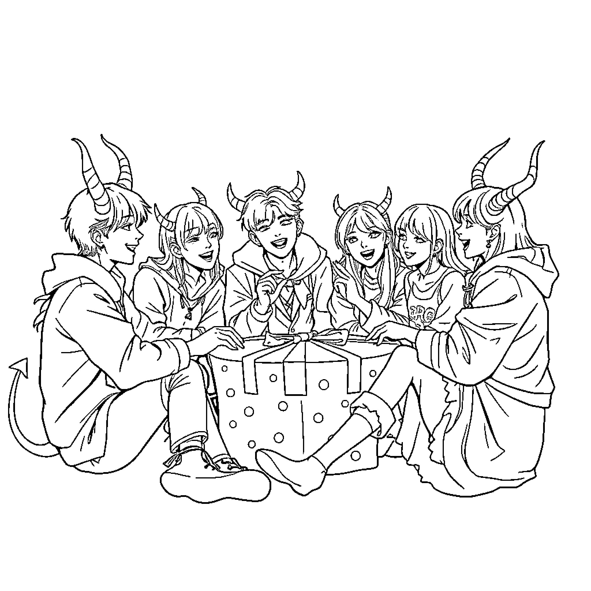 Kpop Demon Hunters Gather for a Meal Coloring Page (free black-and-white line drawing printable PDF for all, from beginners to advanced learners, including children, teens, adults, and seniors)