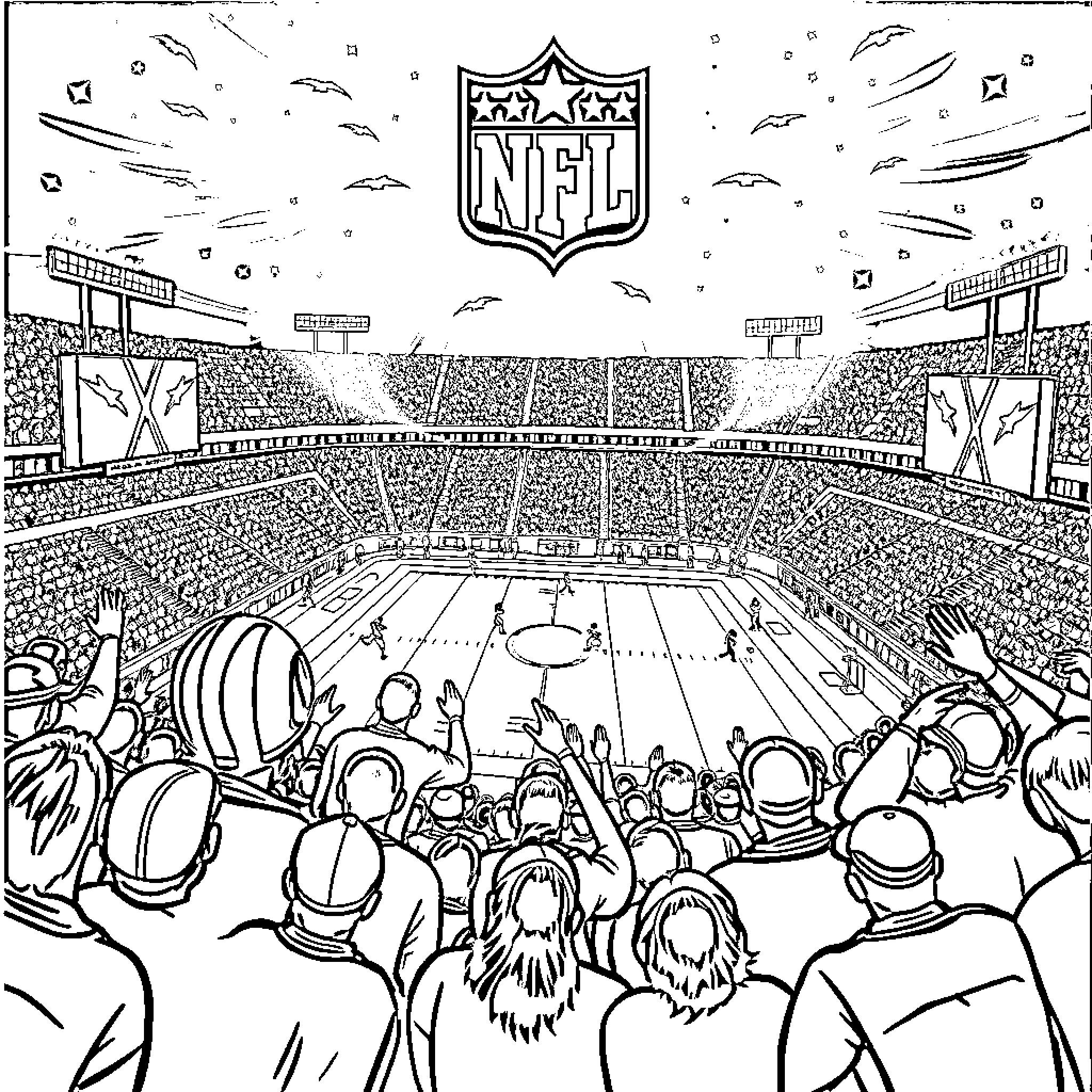 NFL Game Action Packed Stadium Scene Coloring Page (free black-and-white line drawing printable PDF for all, from beginners to advanced learners, including children, teens, adults, and seniors)