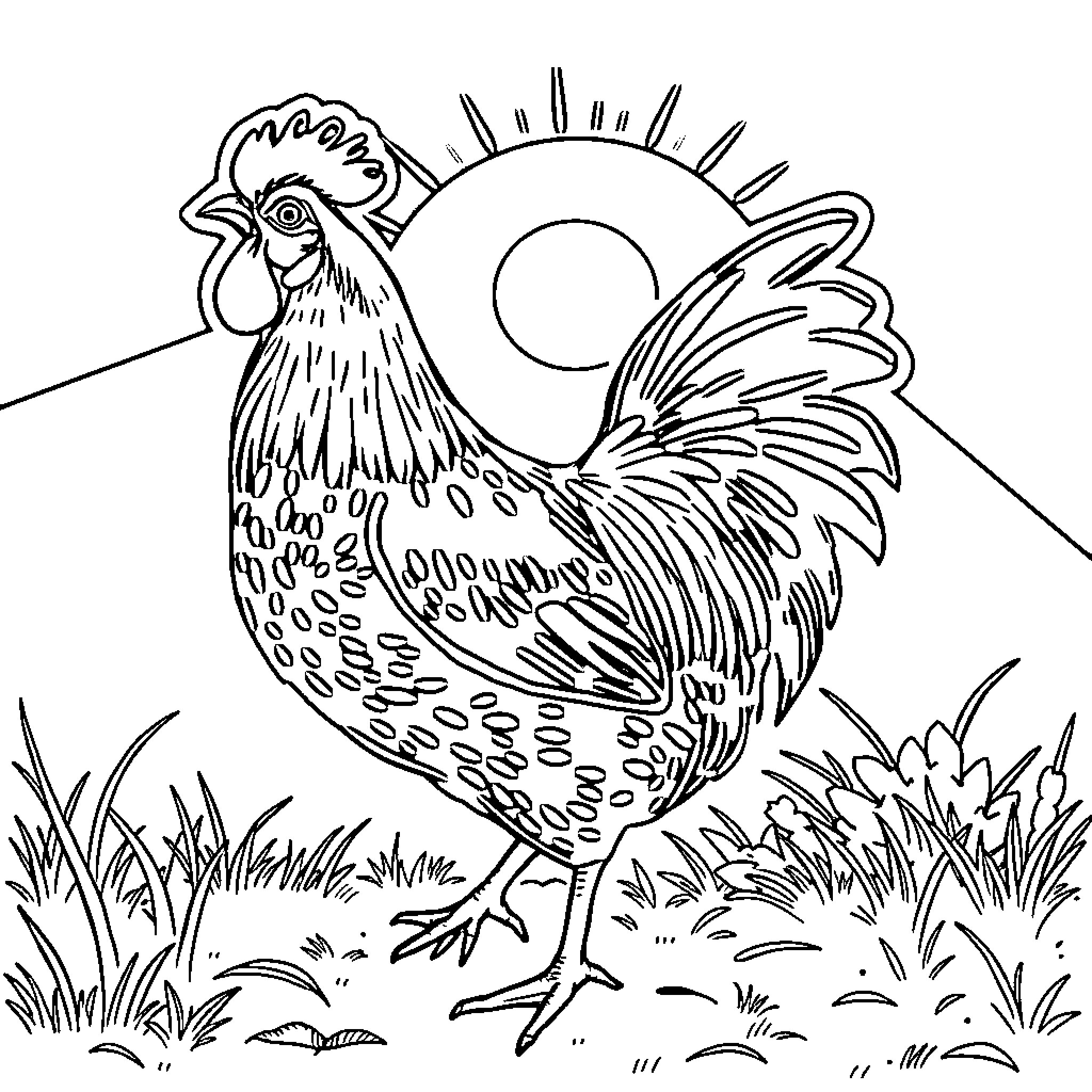 Chicken standing proudly in natural surroundings Coloring Page (free black-and-white line drawing printable PDF for all, from beginners to advanced learners, including children, teens, adults, and seniors)