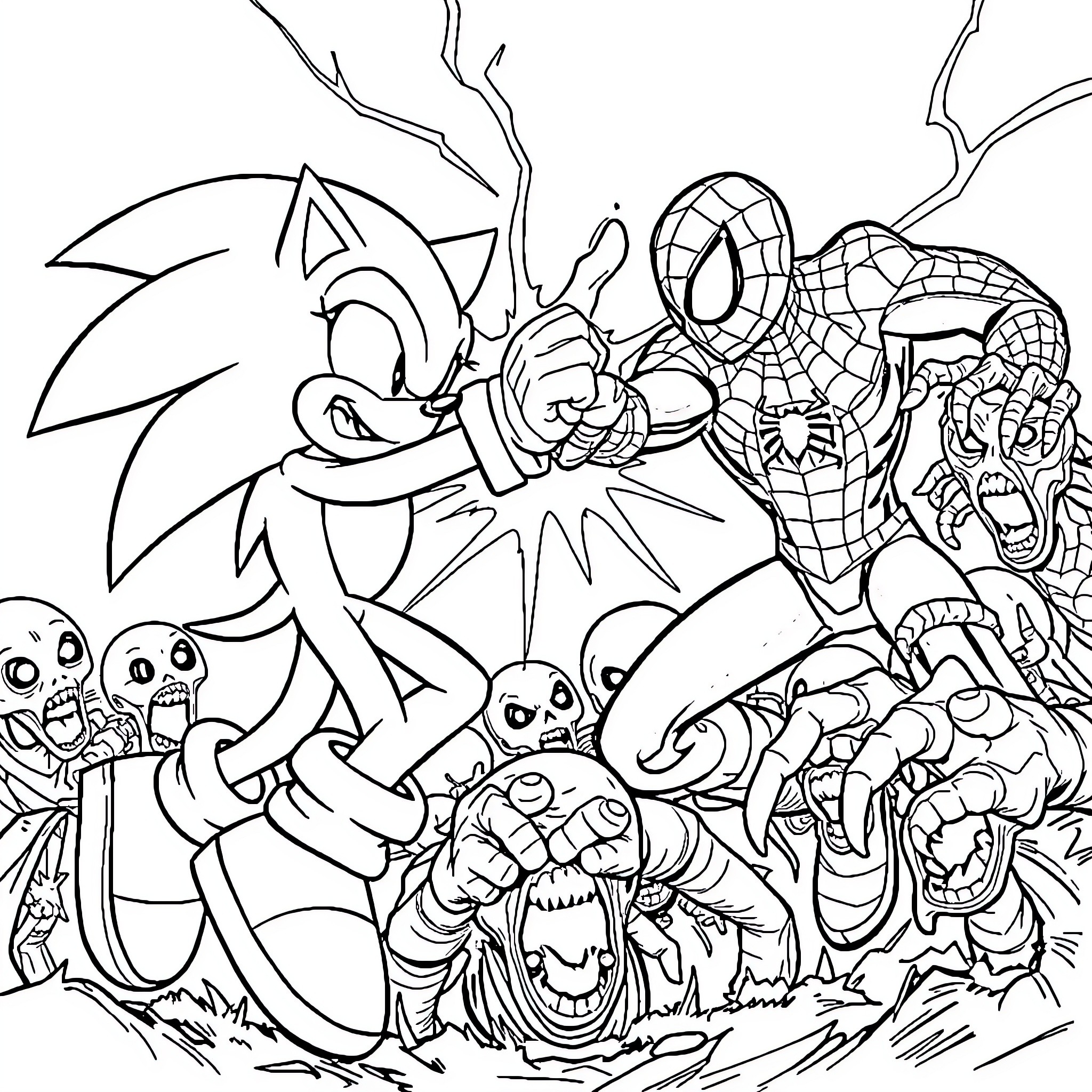 Spiderman battling Sonic the Hedgehog and other characters Coloring Page (free black-and-white line drawing printable PDF for all, from beginners to advanced learners, including children, teens, adults, and seniors)