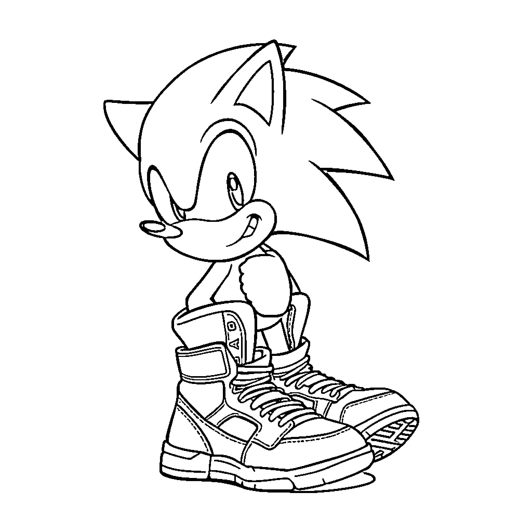 Sonic the Hedgehog standing in sneakers Coloring Page (free black-and-white line drawing printable PDF for all, from beginners to advanced learners, including children, teens, adults, and seniors)