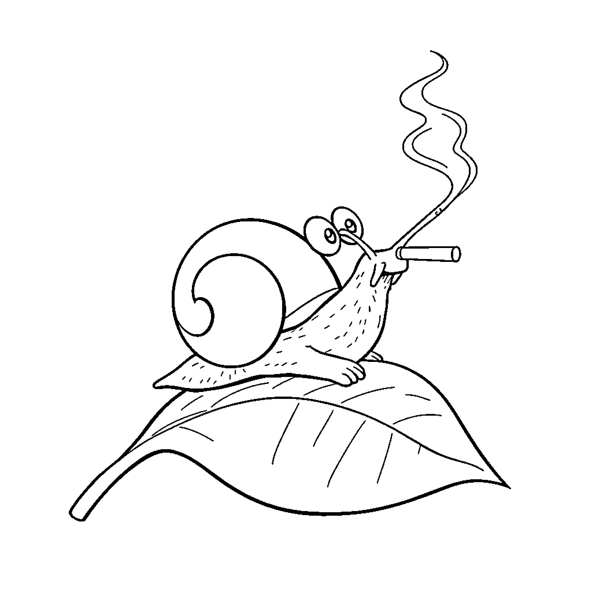 Snail smoking a cigarette on a leaf Coloring Page (free black-and-white line drawing printable PDF for all, from beginners to advanced learners, including children, teens, adults, and seniors)