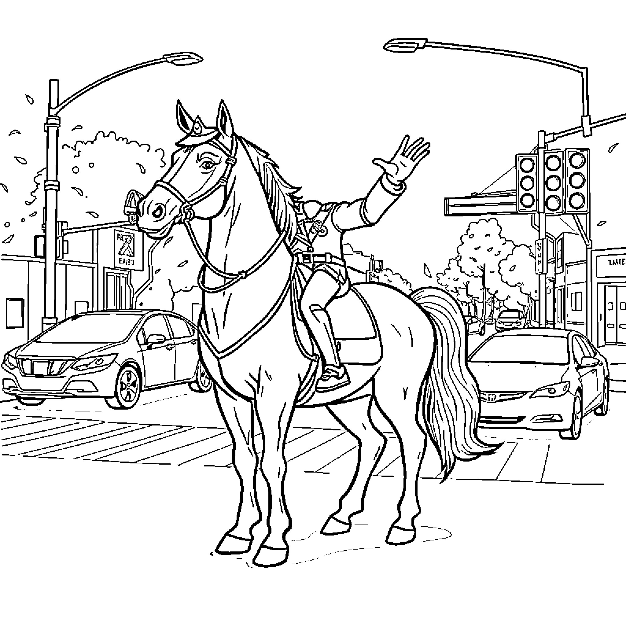 Horse and rider in a city scene Coloring Page (free black-and-white line drawing printable PDF for all, from beginners to advanced learners, including children, teens, adults, and seniors)