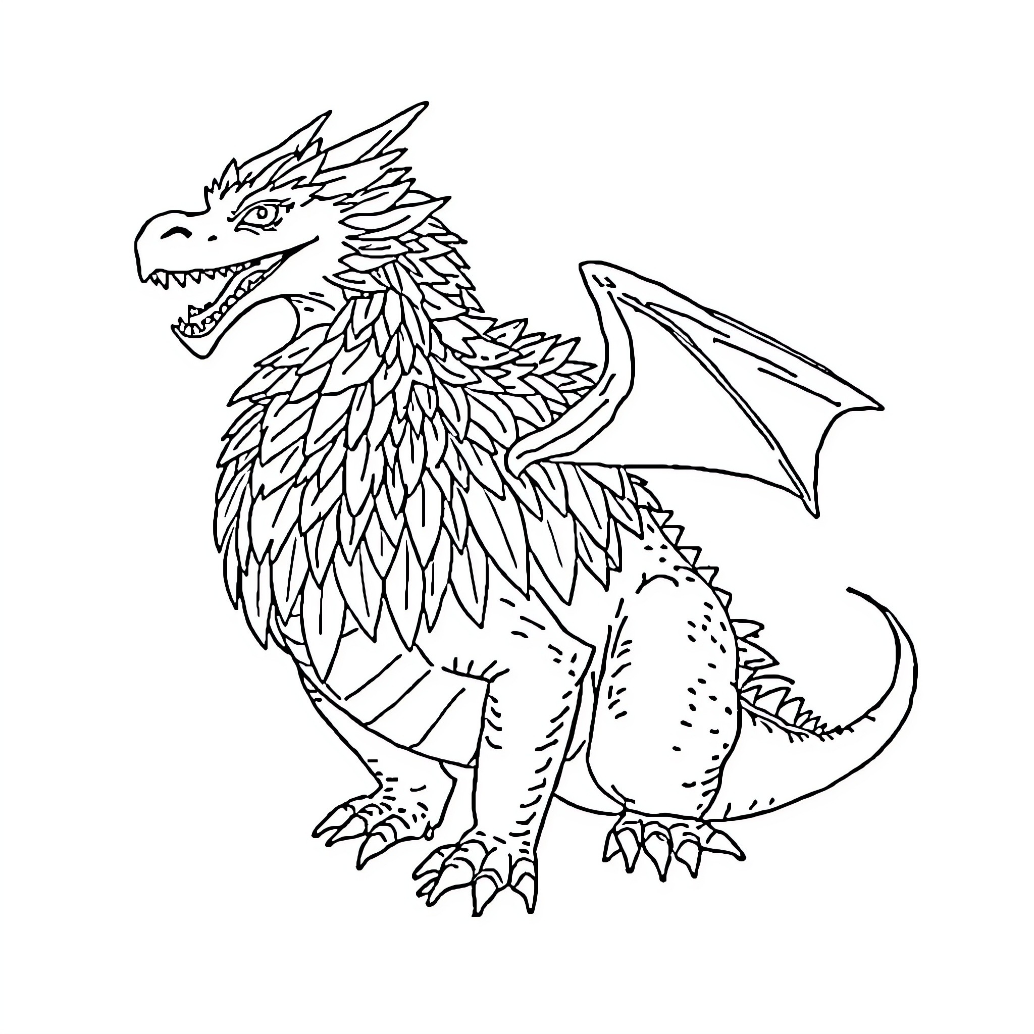 Dragon with Detailed Feathered Appearance Coloring Page (free black-and-white line drawing printable PDF for all, from beginners to advanced learners, including children, teens, adults, and seniors)