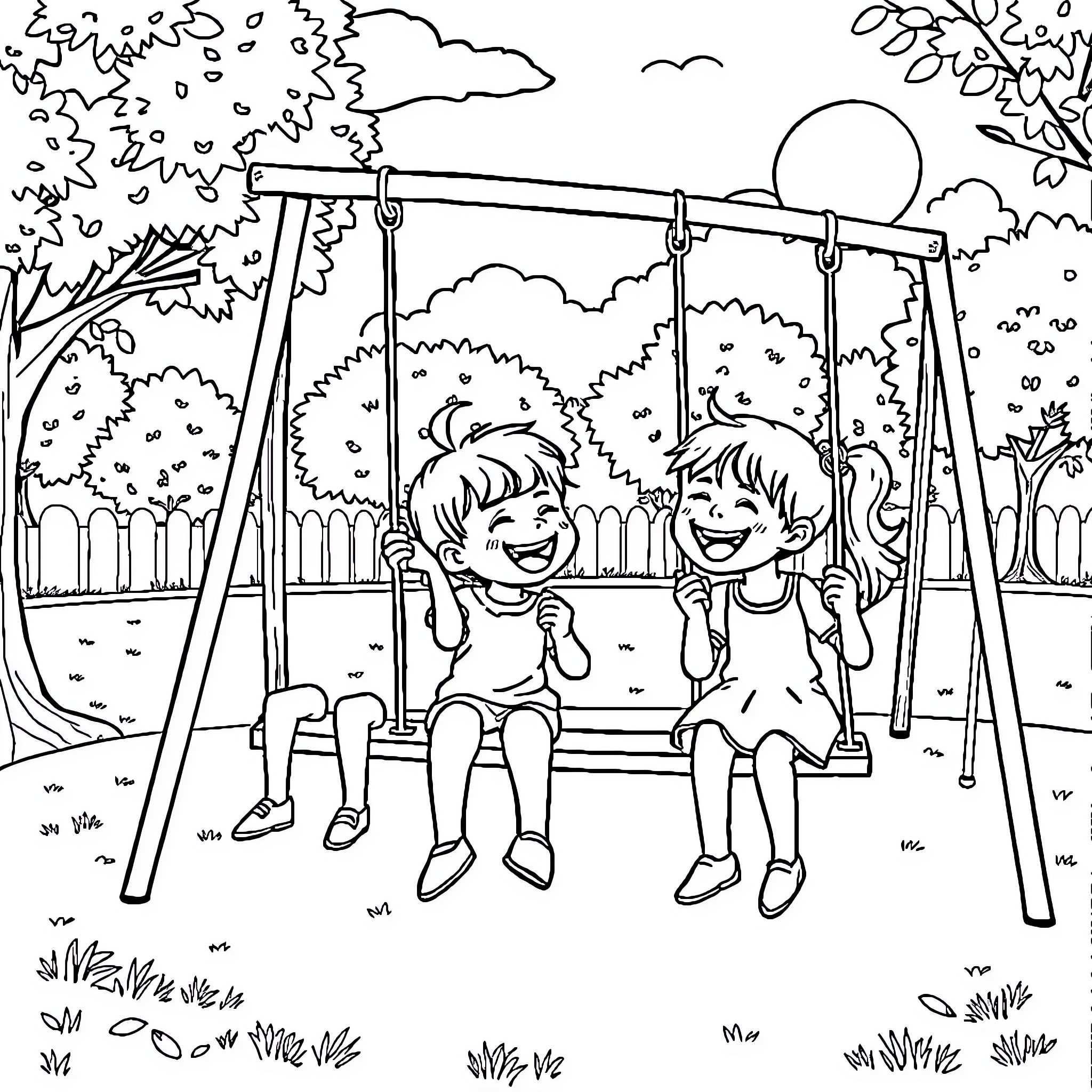 Kids playing happily on swings in the park Coloring Page (free black-and-white line drawing printable PDF for all, from beginners to advanced learners, including children, teens, adults, and seniors)