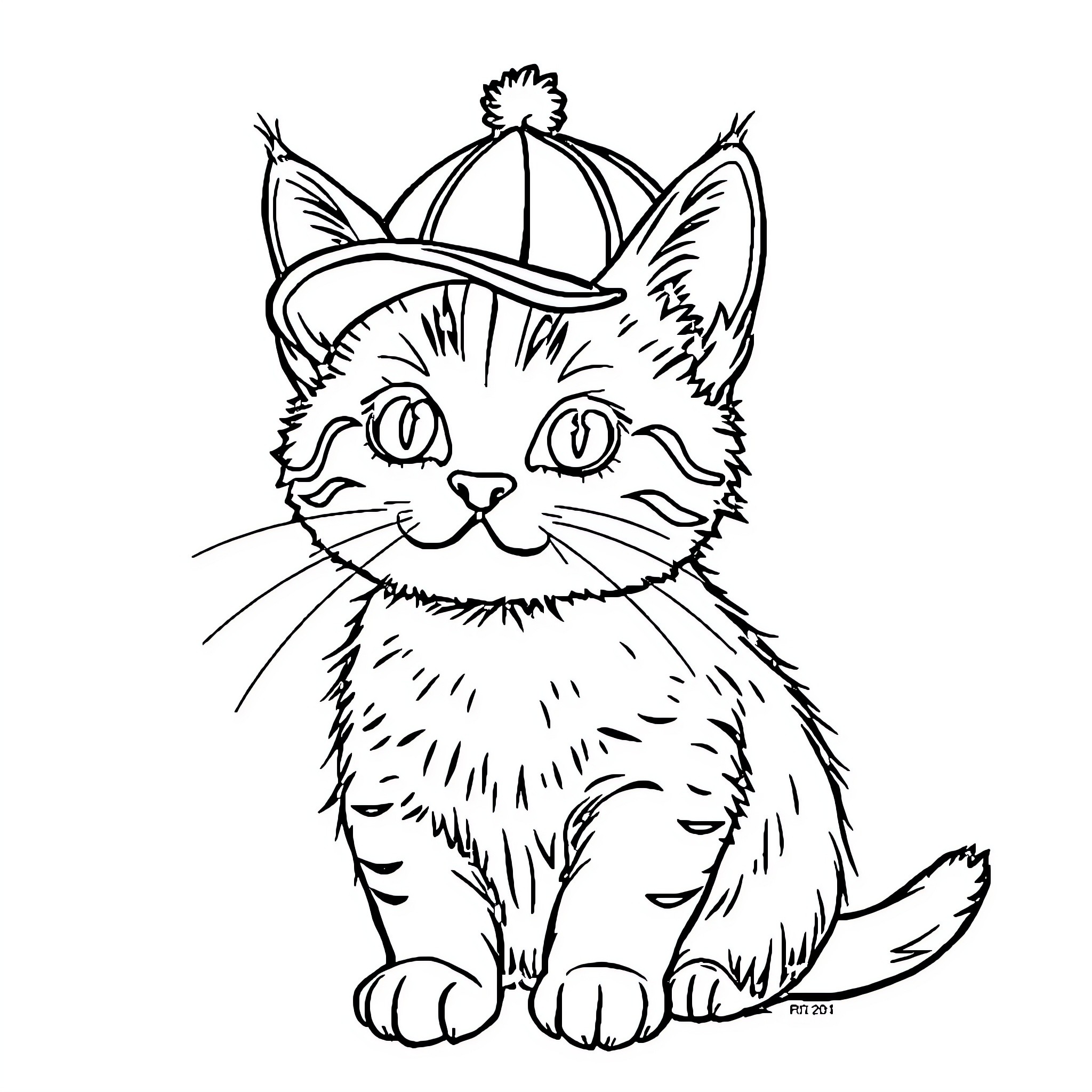 Cat wearing a hat Coloring Page (free black-and-white line drawing printable PDF for all, from beginners to advanced learners, including children, teens, adults, and seniors)