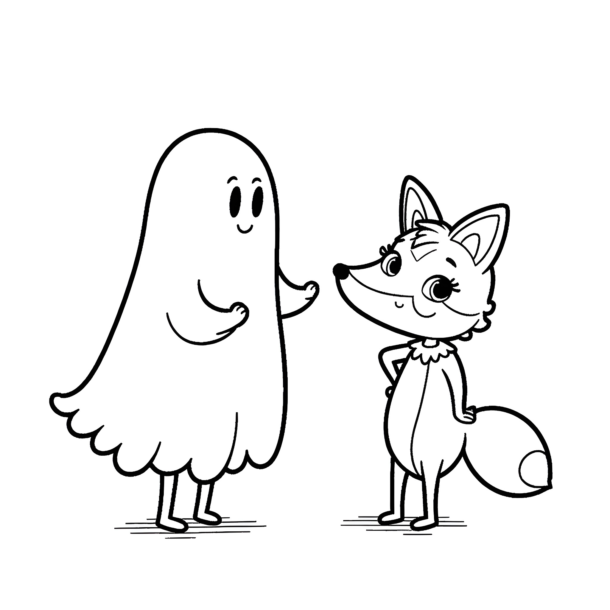 Fox and Ghost Playing Together Happily Coloring Page (free black-and-white line drawing printable PDF for all, from beginners to advanced learners, including children, teens, adults, and seniors)