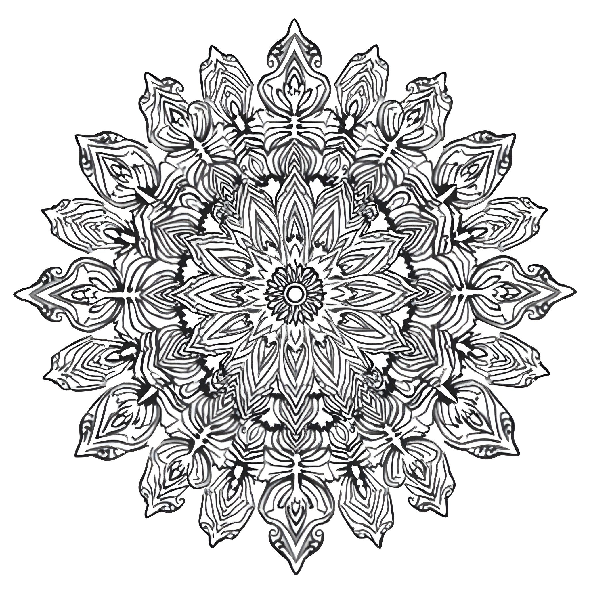 Mandala of intricate floral patterns Coloring Page (free black-and-white line drawing printable PDF for all, from beginners to advanced learners, including children, teens, adults, and seniors)