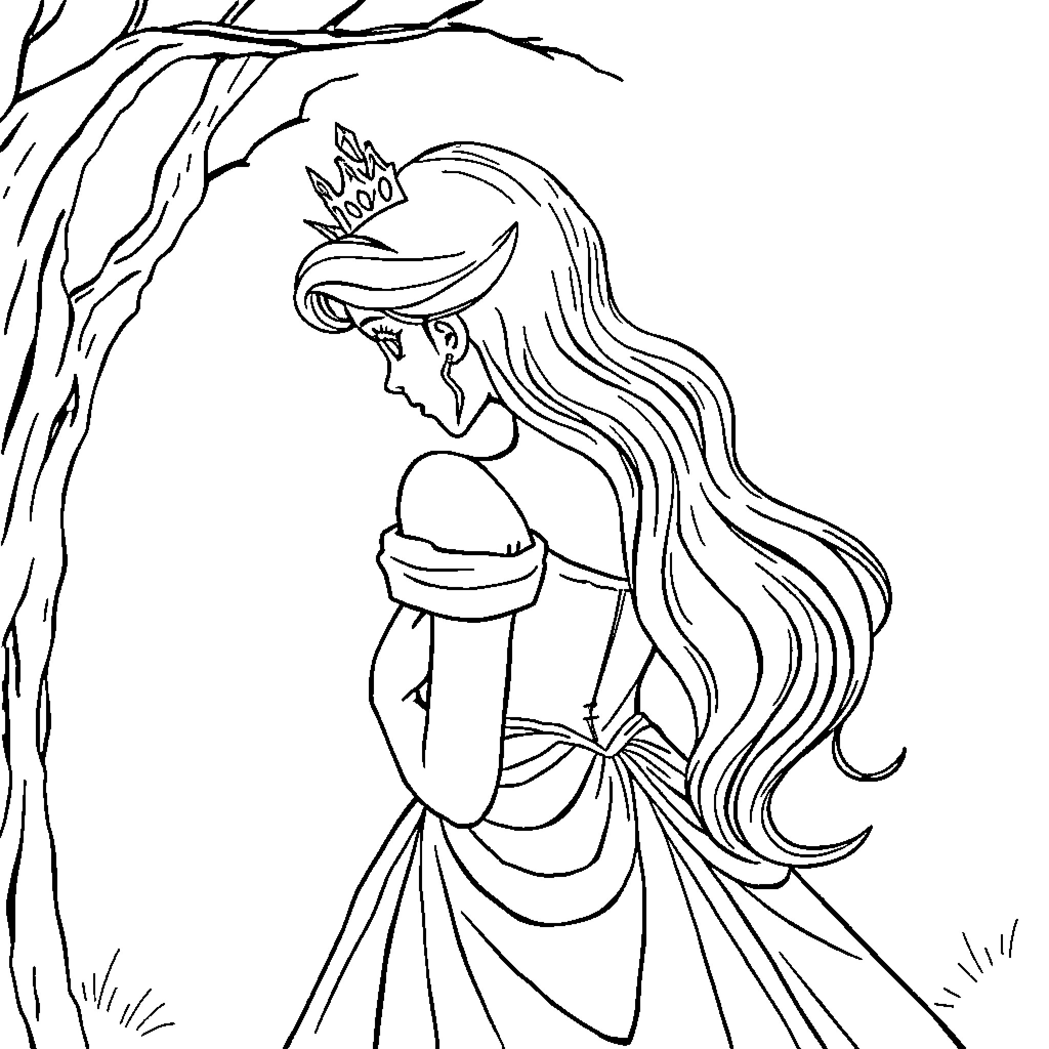 Princess in the forest with flowing hair Coloring Page (free black-and-white line drawing printable PDF for all, from beginners to advanced learners, including children, teens, adults, and seniors)