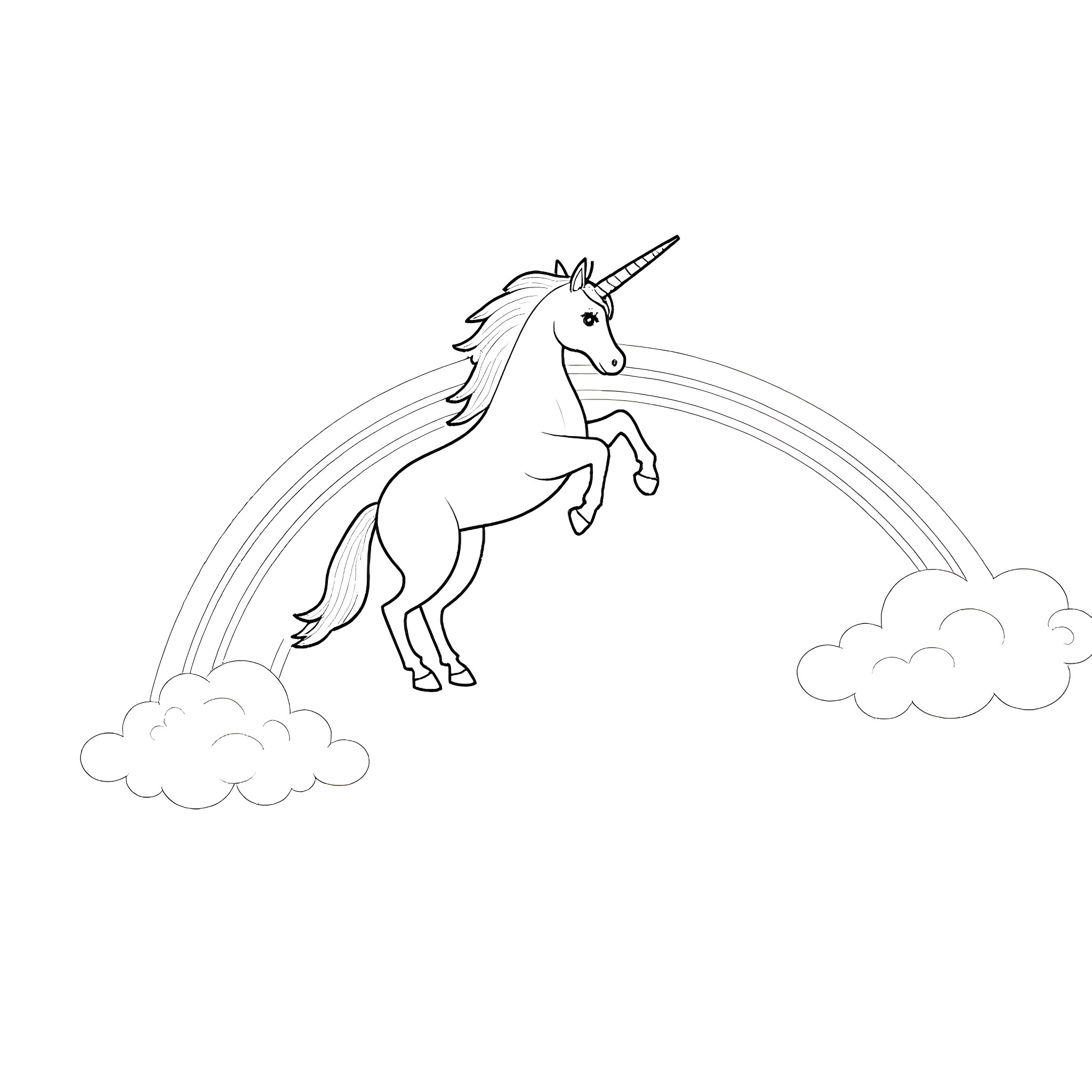 Unicorn leaping through rainbow clouds Coloring Page (free black-and-white line drawing printable PDF for all, from beginners to advanced learners, including children, teens, adults, and seniors)