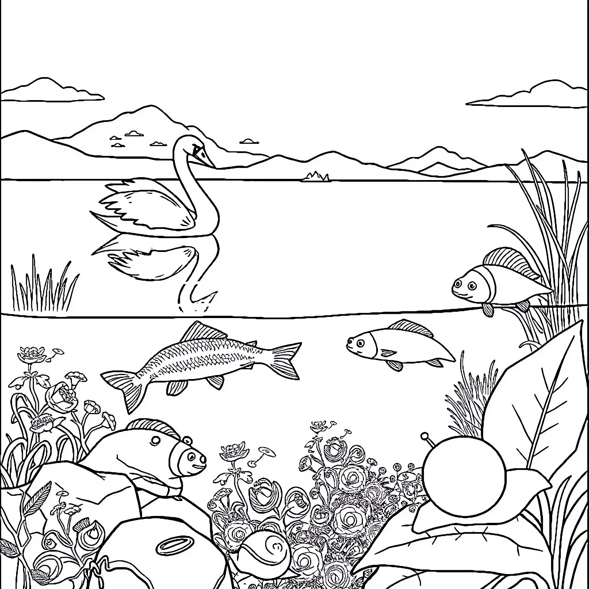 Invasive Species in Serene Aquatic Landscape Coloring Page (free black-and-white line drawing printable PDF for all, from beginners to advanced learners, including children, teens, adults, and seniors)
