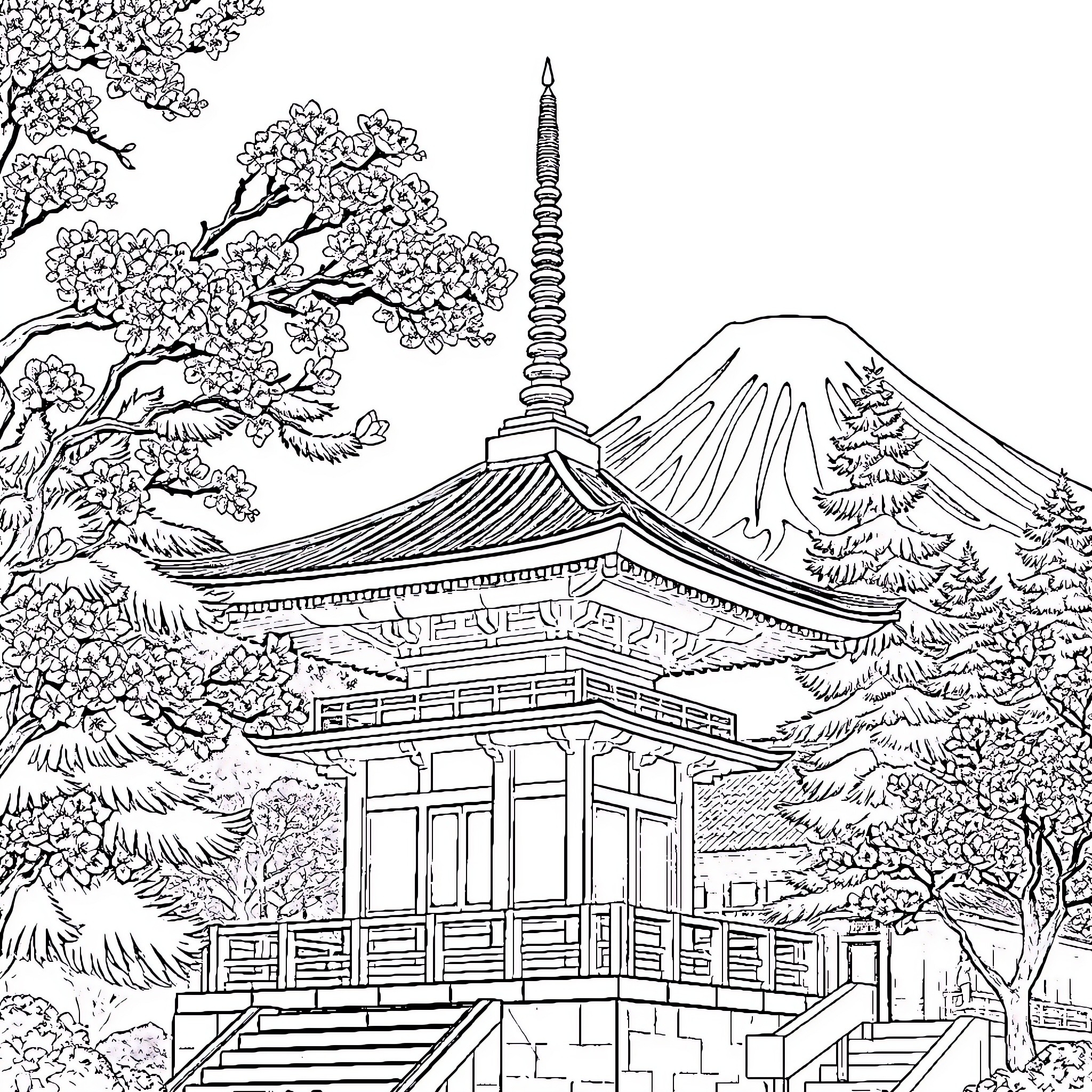 Temple in serene Japanese landscape with mountain view Coloring Page (free black-and-white line drawing printable PDF for all, from beginners to advanced learners, including children, teens, adults, and seniors)