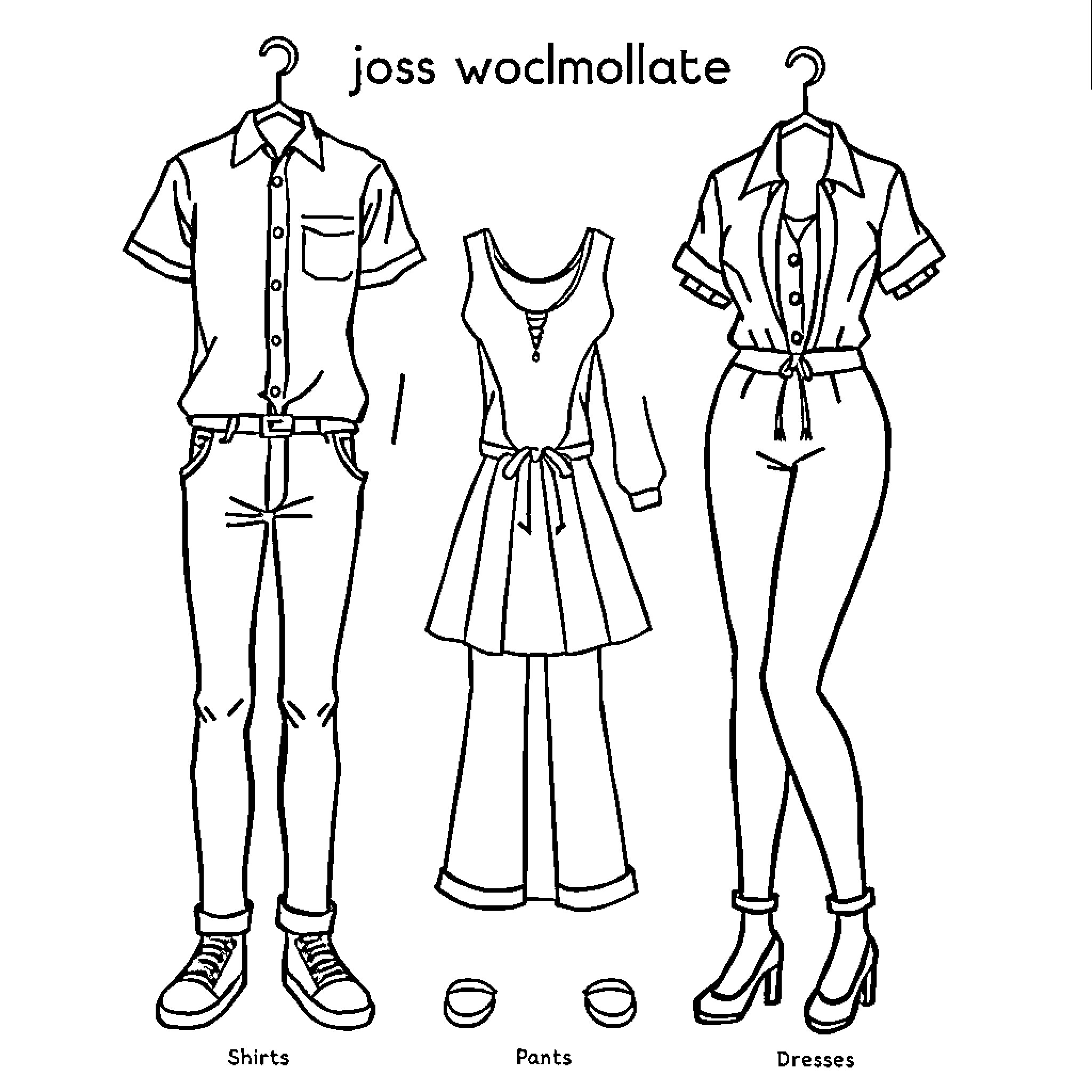 Clothing Sketches of Shirts, Pants, and Dresses Coloring Page (free black-and-white line drawing printable PDF for all, from beginners to advanced learners, including children, teens, adults, and seniors)