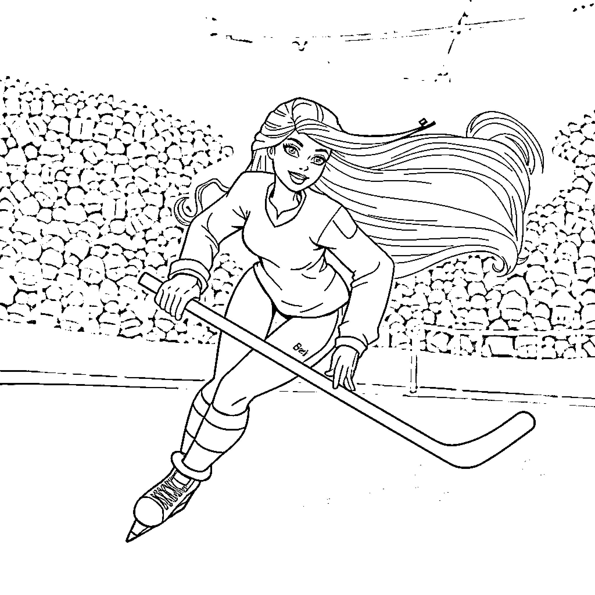 Barbie ice skating gracefully on the rink Coloring Page (free black-and-white line drawing printable PDF for all, from beginners to advanced learners, including children, teens, adults, and seniors)