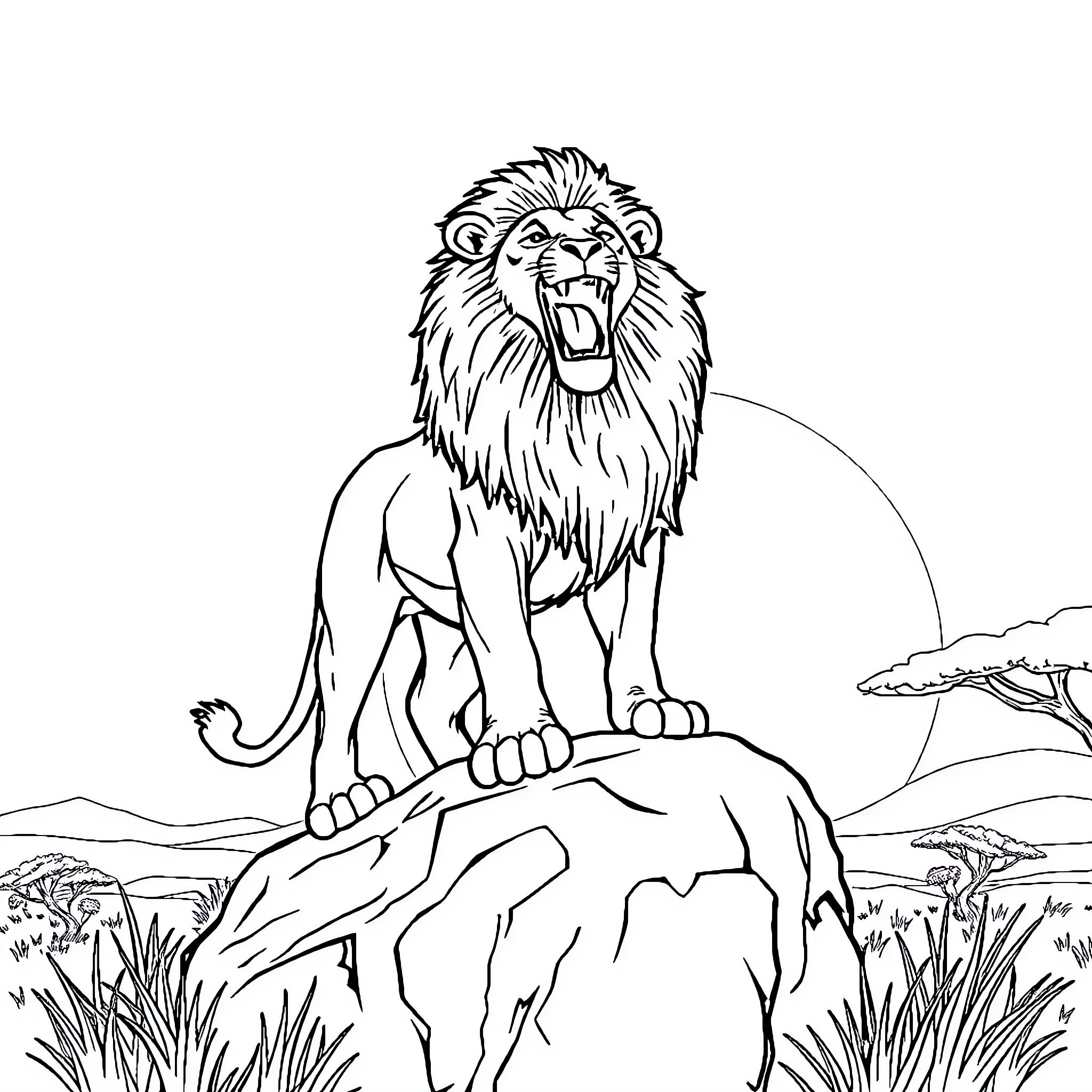 Lion roaring atop a rocky outcrop Coloring Page (free black-and-white line drawing printable PDF for all, from beginners to advanced learners, including children, teens, adults, and seniors)