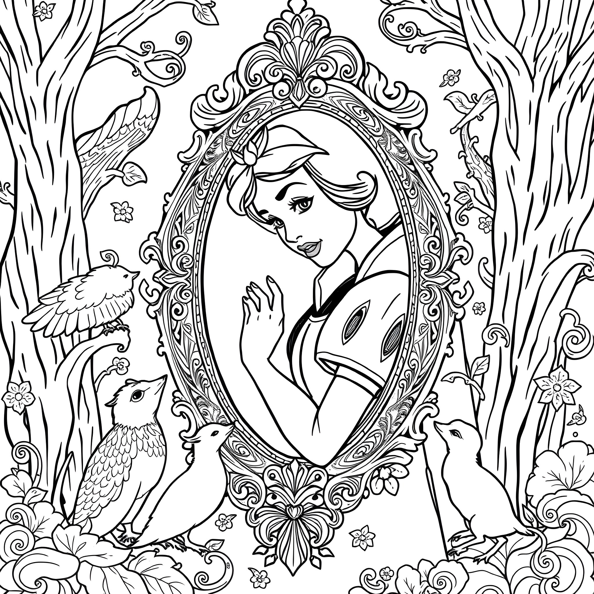Magic Mirror of Enchantment and Wonder Coloring Page (free black-and-white line drawing printable PDF for all, from beginners to advanced learners, including children, teens, adults, and seniors)