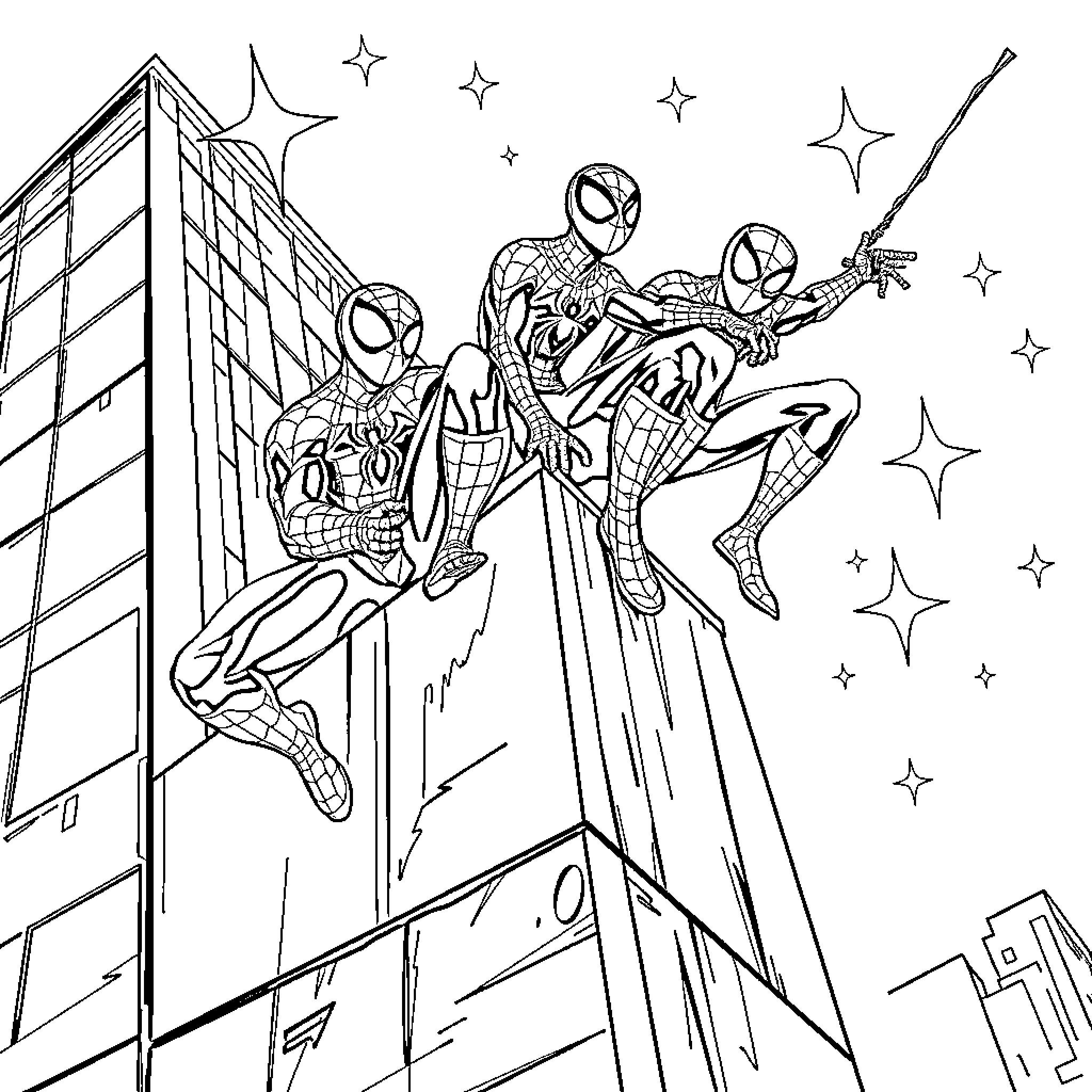 Spider-Man and friends leap into action Coloring Page (free black-and-white line drawing printable PDF for all, from beginners to advanced learners, including children, teens, adults, and seniors)