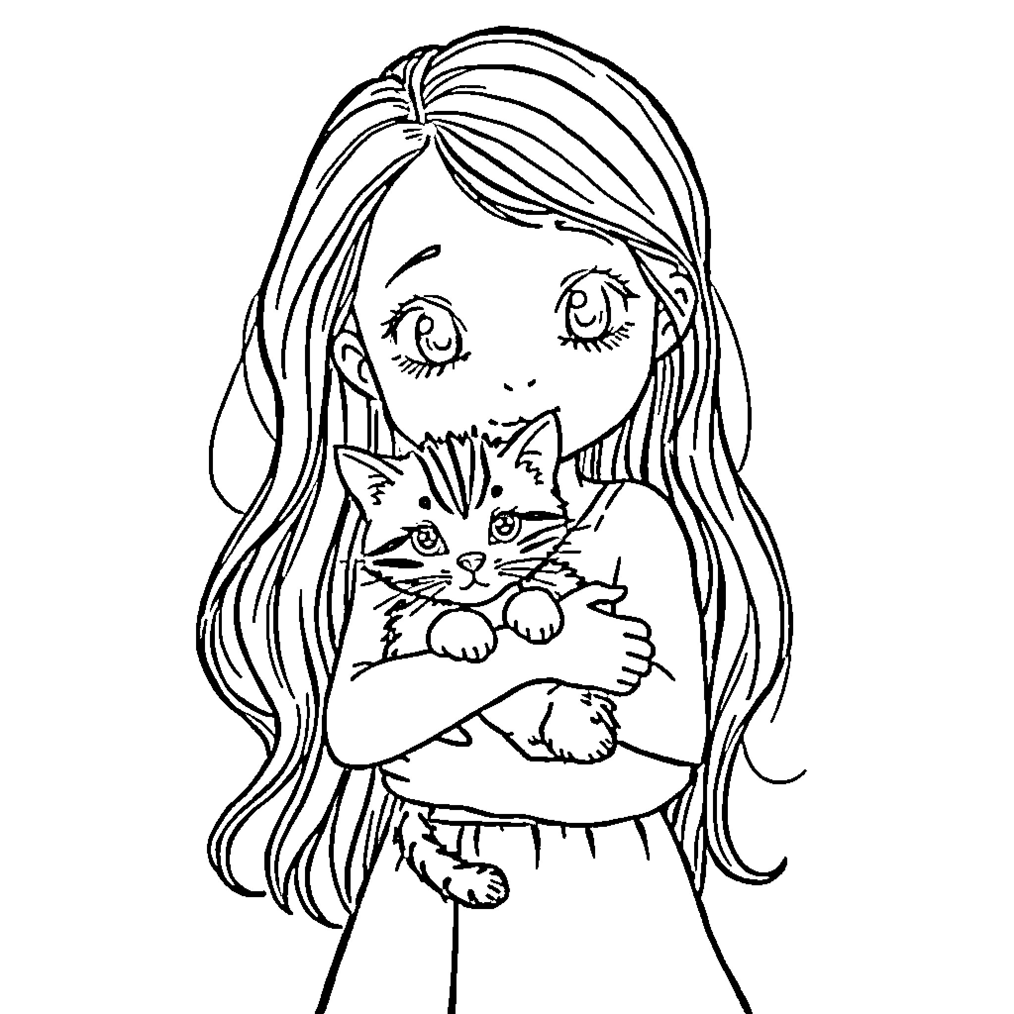 Girl cuddling a playful kitten Coloring Page (free black-and-white line drawing printable PDF for all, from beginners to advanced learners, including children, teens, adults, and seniors)