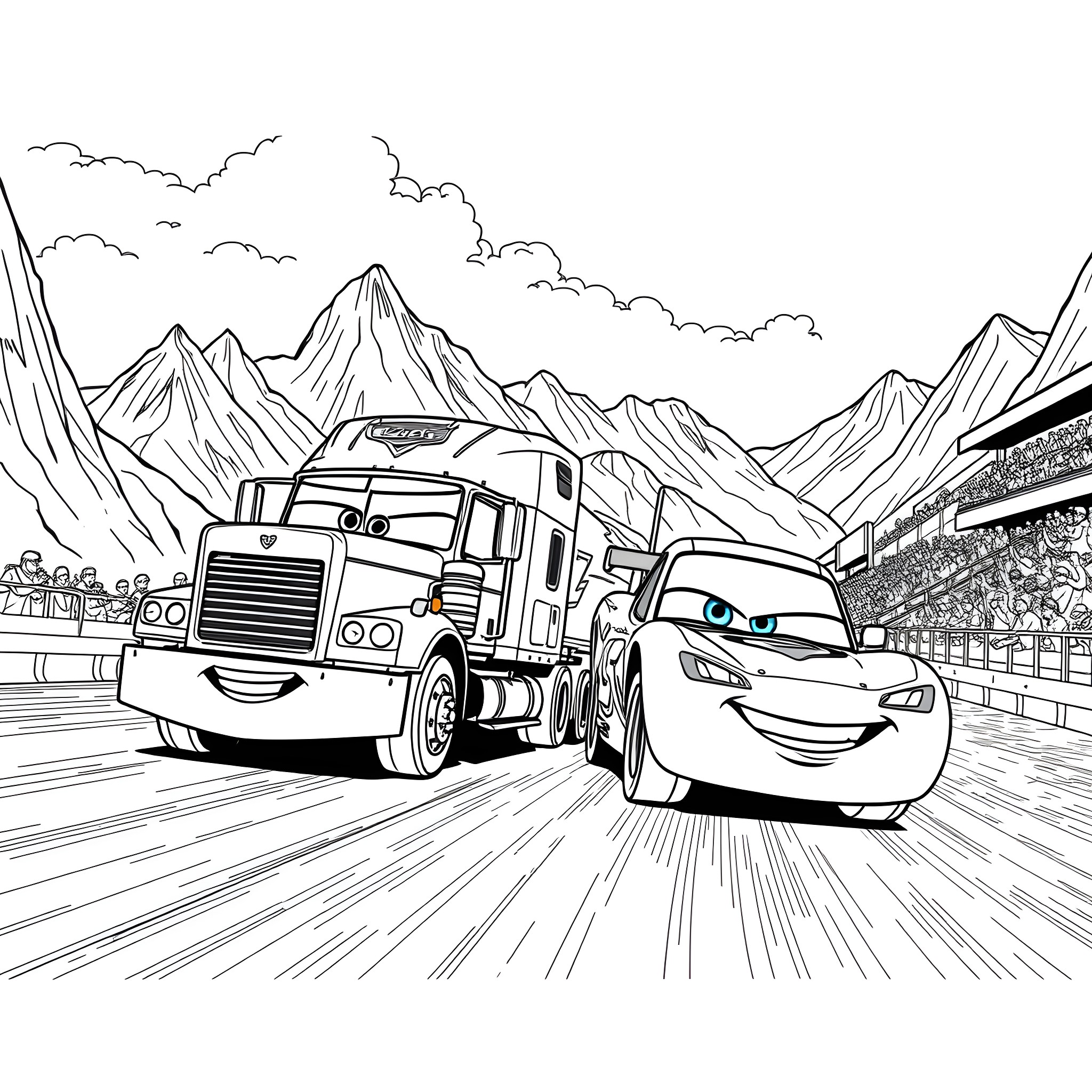 Lightning McQueen racing against a large truck on a mountain road Coloring Page (free black-and-white line drawing printable PDF for all, from beginners to advanced learners, including children, teens, adults, and seniors)