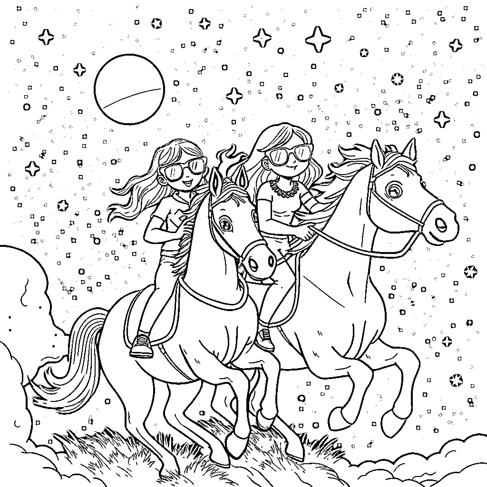 Girls riding horses under the night sky Coloring Page (free black-and-white line drawing printable PDF for all, from beginners to advanced learners, including children, teens, adults, and seniors)