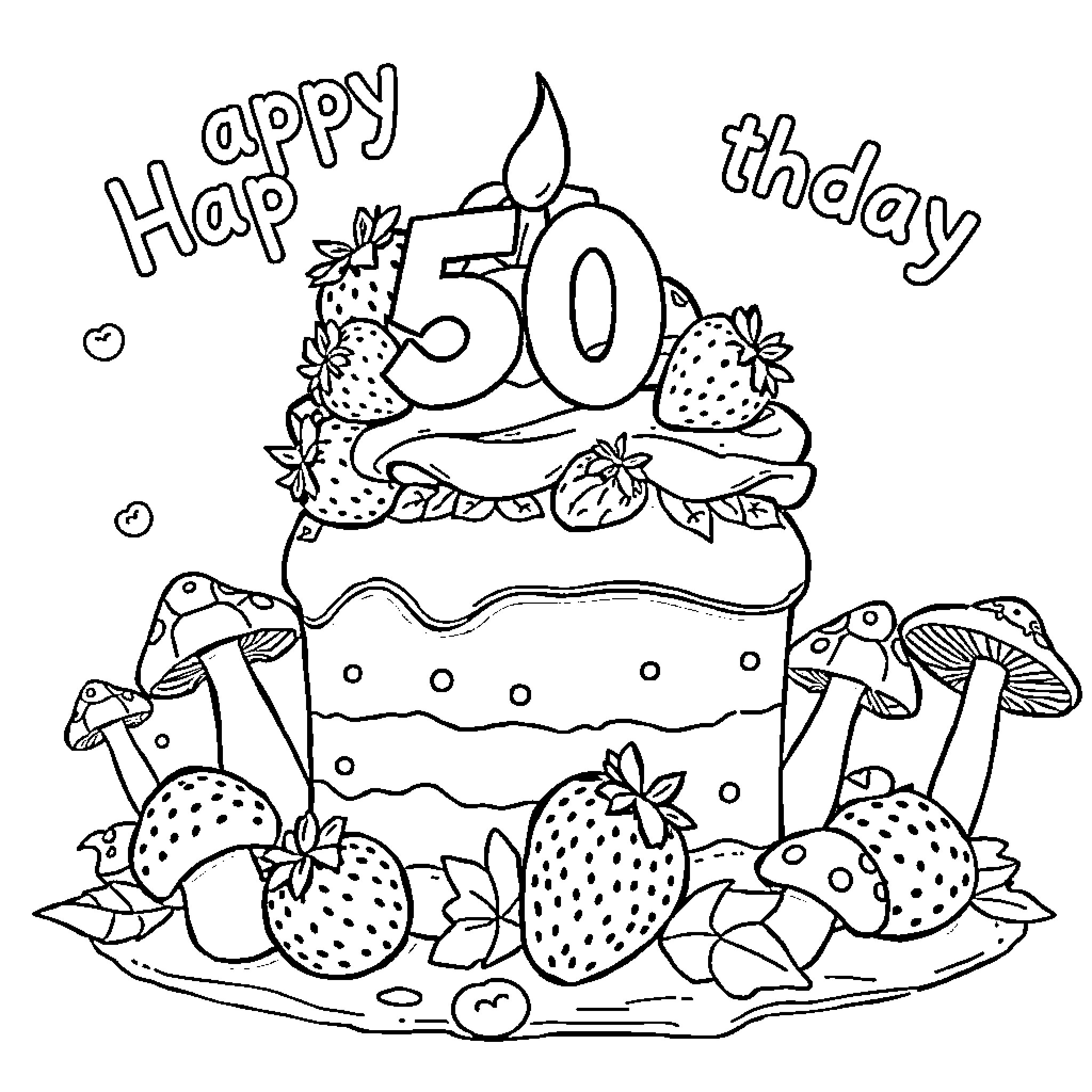 Strawberry-themed Birthday Cake with Candles Coloring Page (free black-and-white line drawing printable PDF for all, from beginners to advanced learners, including children, teens, adults, and seniors)