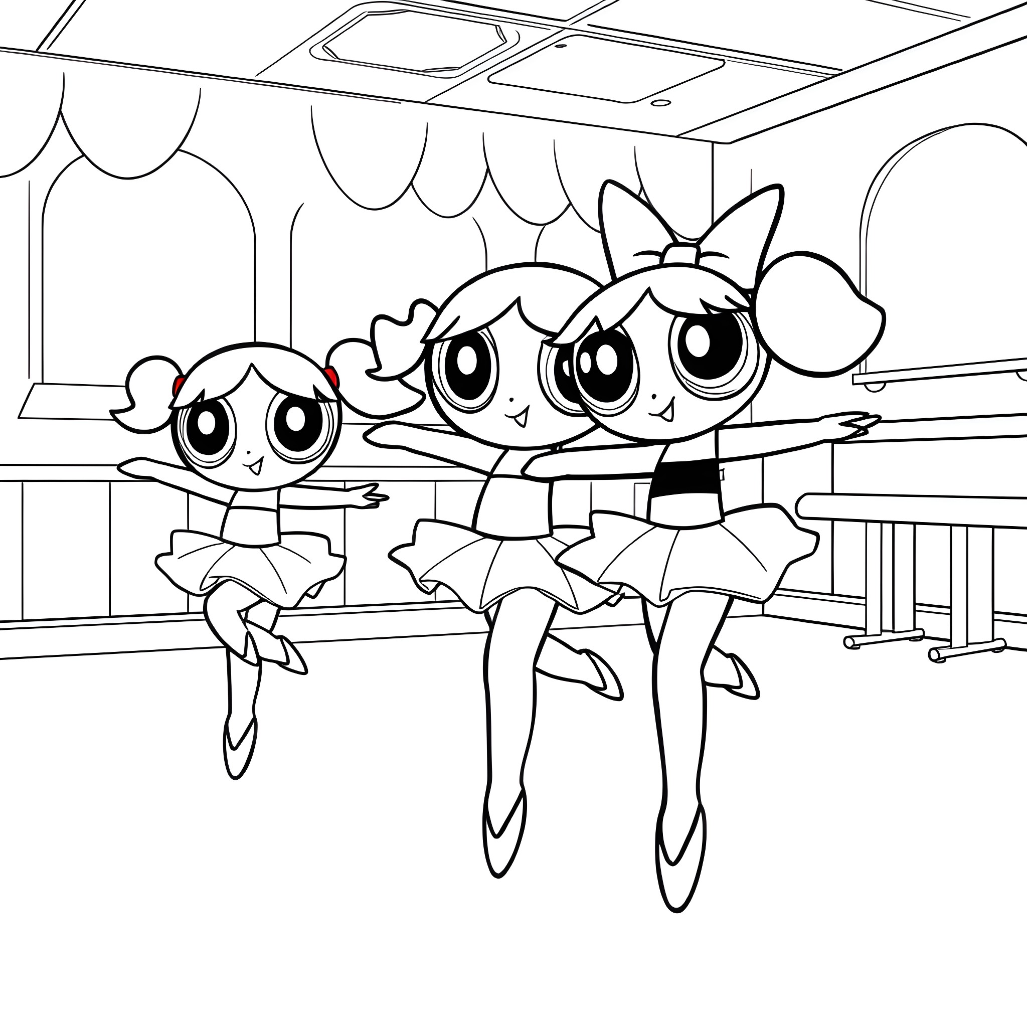 Powerpuff Girls dancing and performing on stage Coloring Page (free black-and-white line drawing printable PDF for all, from beginners to advanced learners, including children, teens, adults, and seniors)