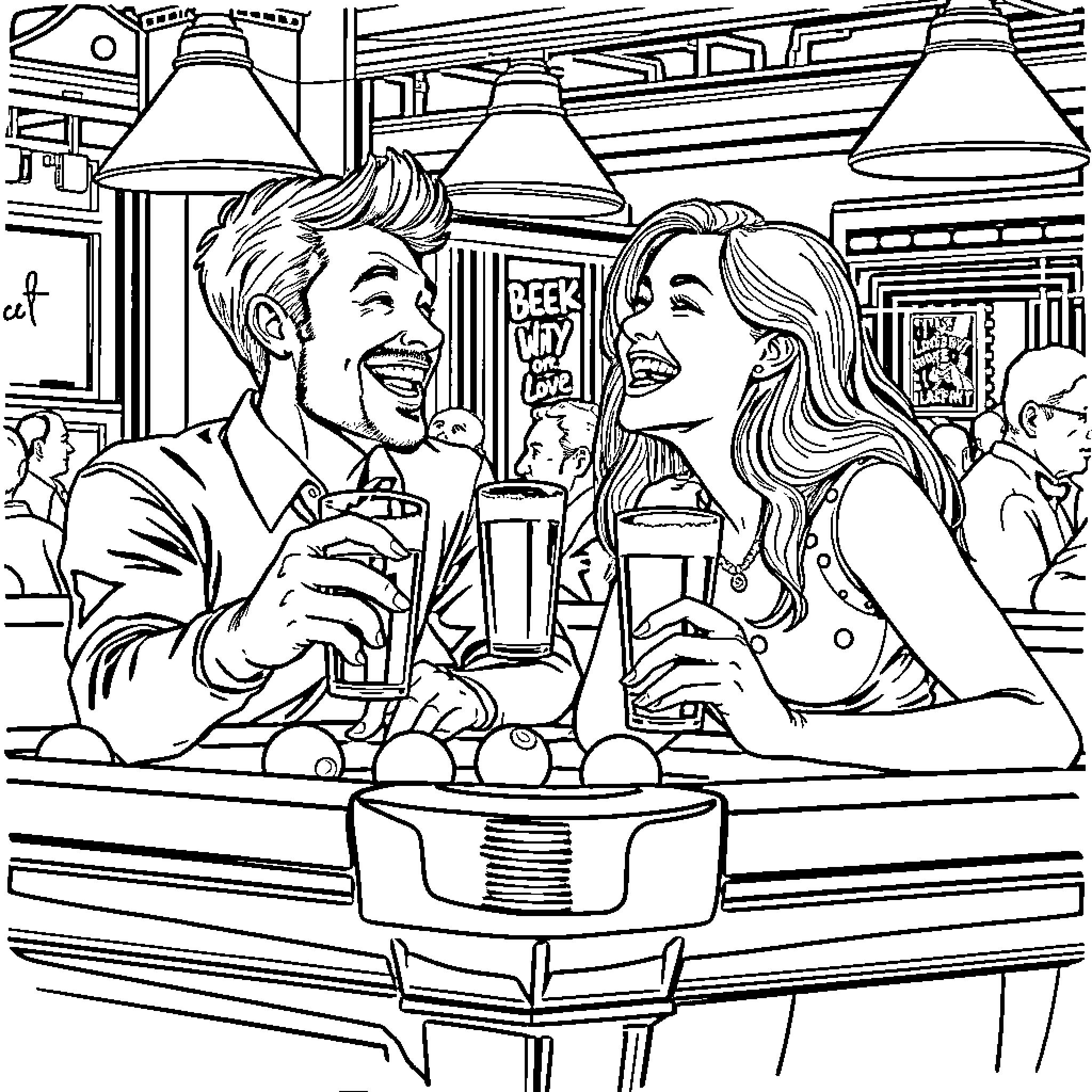 Couple Enjoying Drinks at the Diner Coloring Page (free black-and-white line drawing printable PDF for all, from beginners to advanced learners, including children, teens, adults, and seniors)