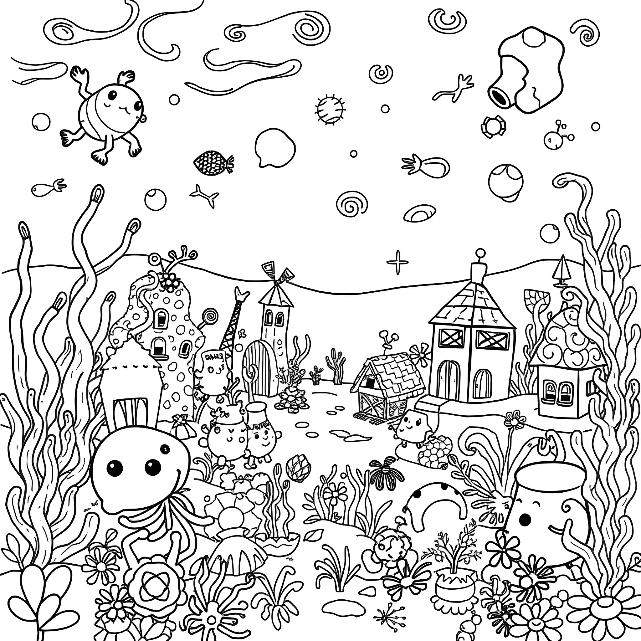 Spongebob's Underwater Adventure Coloring Page (free black-and-white line drawing printable PDF for all, from beginners to advanced learners, including children, teens, adults, and seniors)