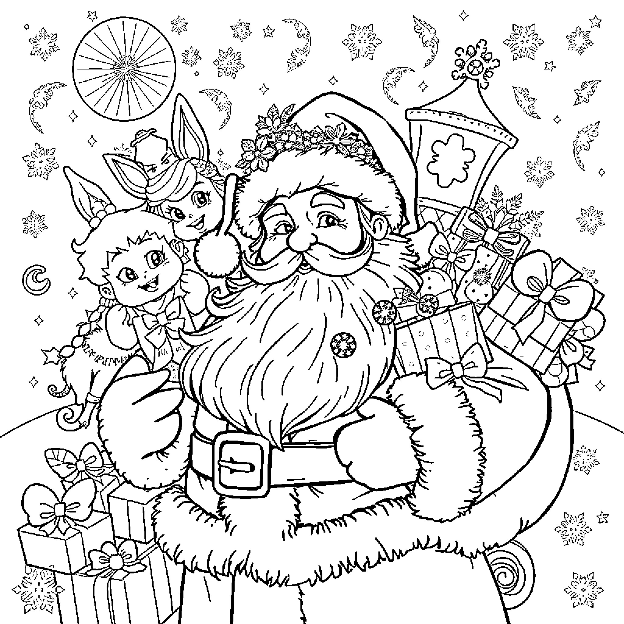 Santa Claus surrounded by gifts, decorations, and festive elements Coloring Page (free black-and-white line drawing printable PDF for all, from beginners to advanced learners, including children, teens, adults, and seniors)