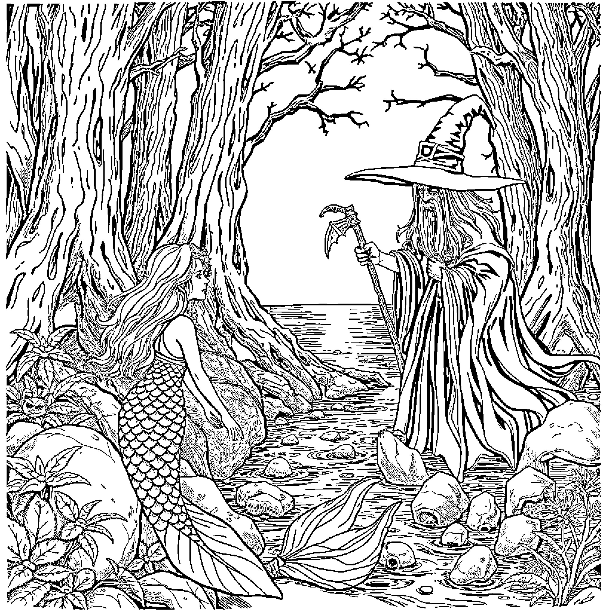 Mermaid's Magical Encounter with Wizard in Forest Coloring Page (free black-and-white line drawing printable PDF for all, from beginners to advanced learners, including children, teens, adults, and seniors)