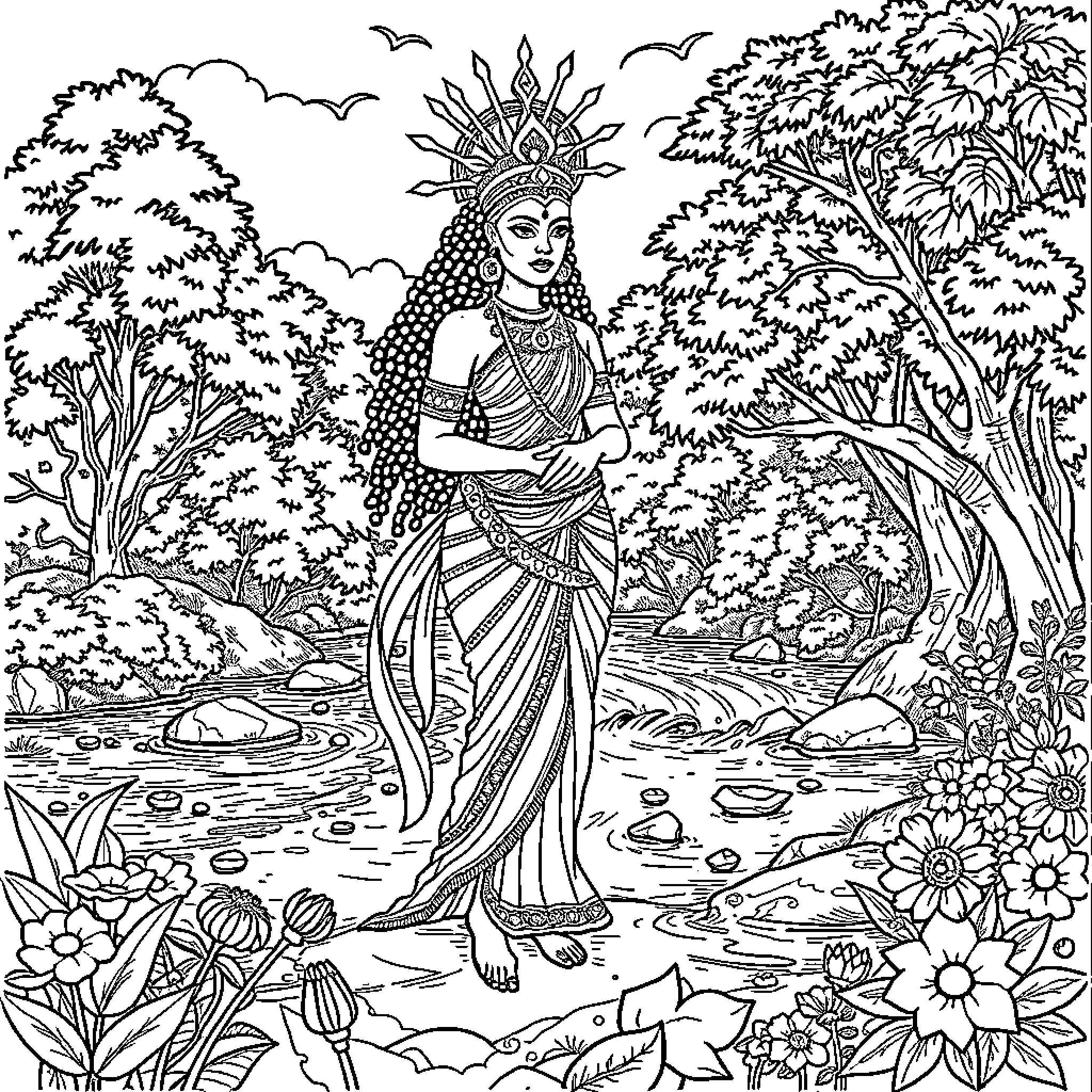 Ochun: Goddess of Love, Beauty and Fertility Coloring Page (free black-and-white line drawing printable PDF for all, from beginners to advanced learners, including children, teens, adults, and seniors)