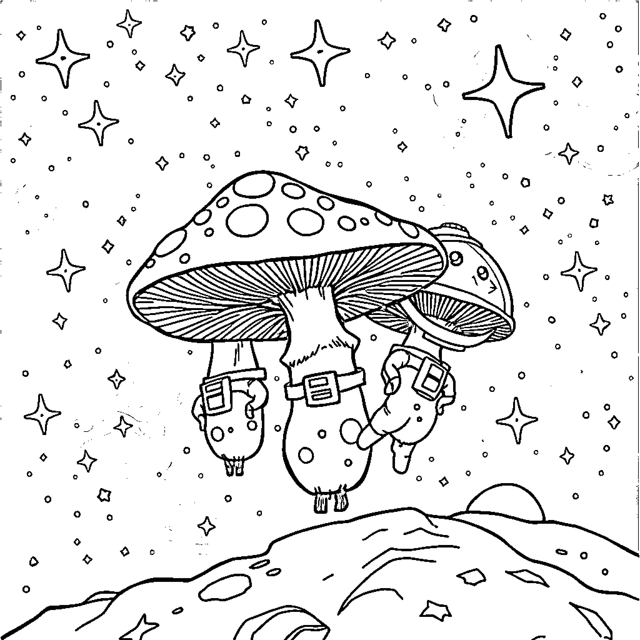 Mushroom friends enjoying starry night Coloring Page (free black-and-white line drawing printable PDF for all, from beginners to advanced learners, including children, teens, adults, and seniors)