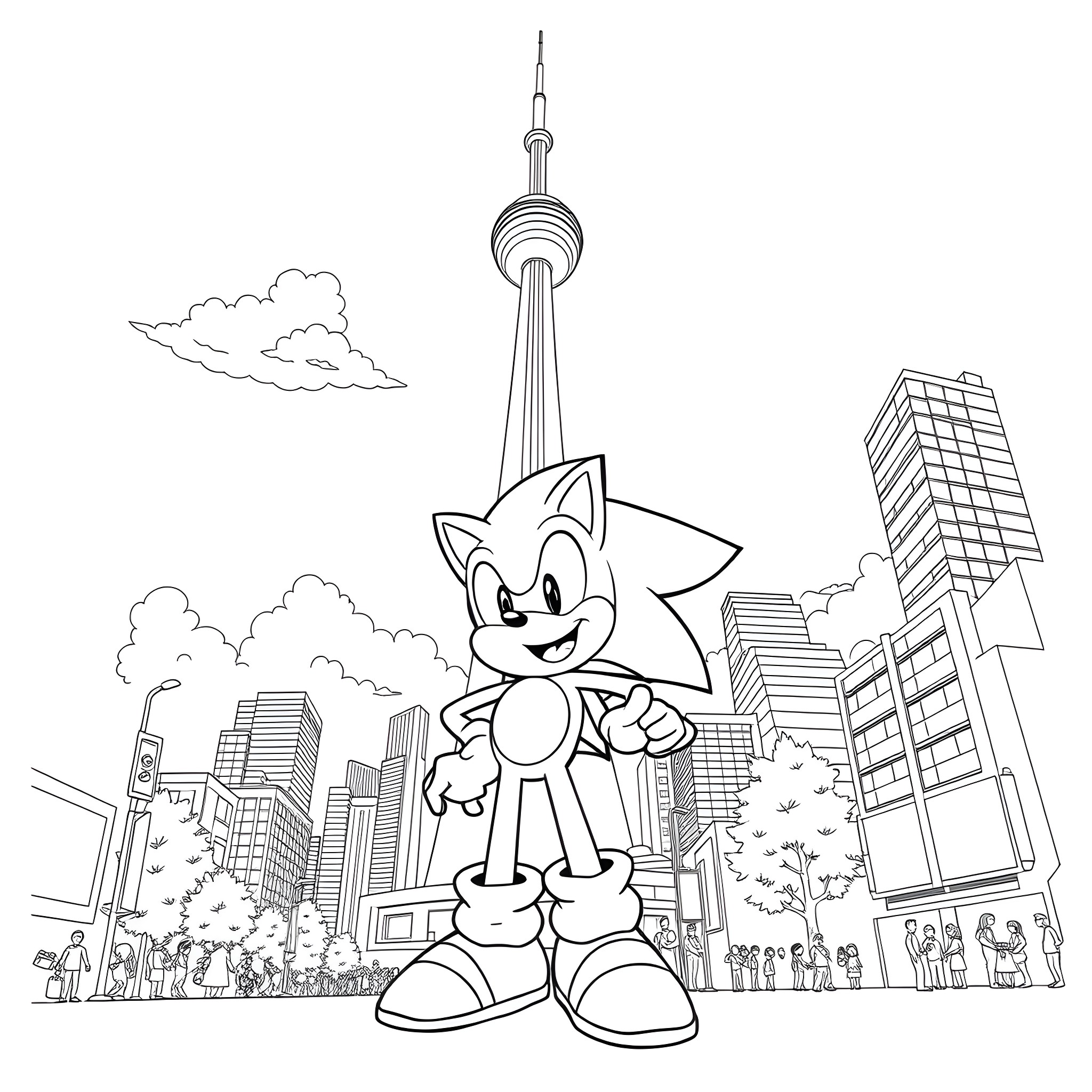 Sonic enjoying the city skyline Coloring Page (free black-and-white line drawing printable PDF for all, from beginners to advanced learners, including children, teens, adults, and seniors)