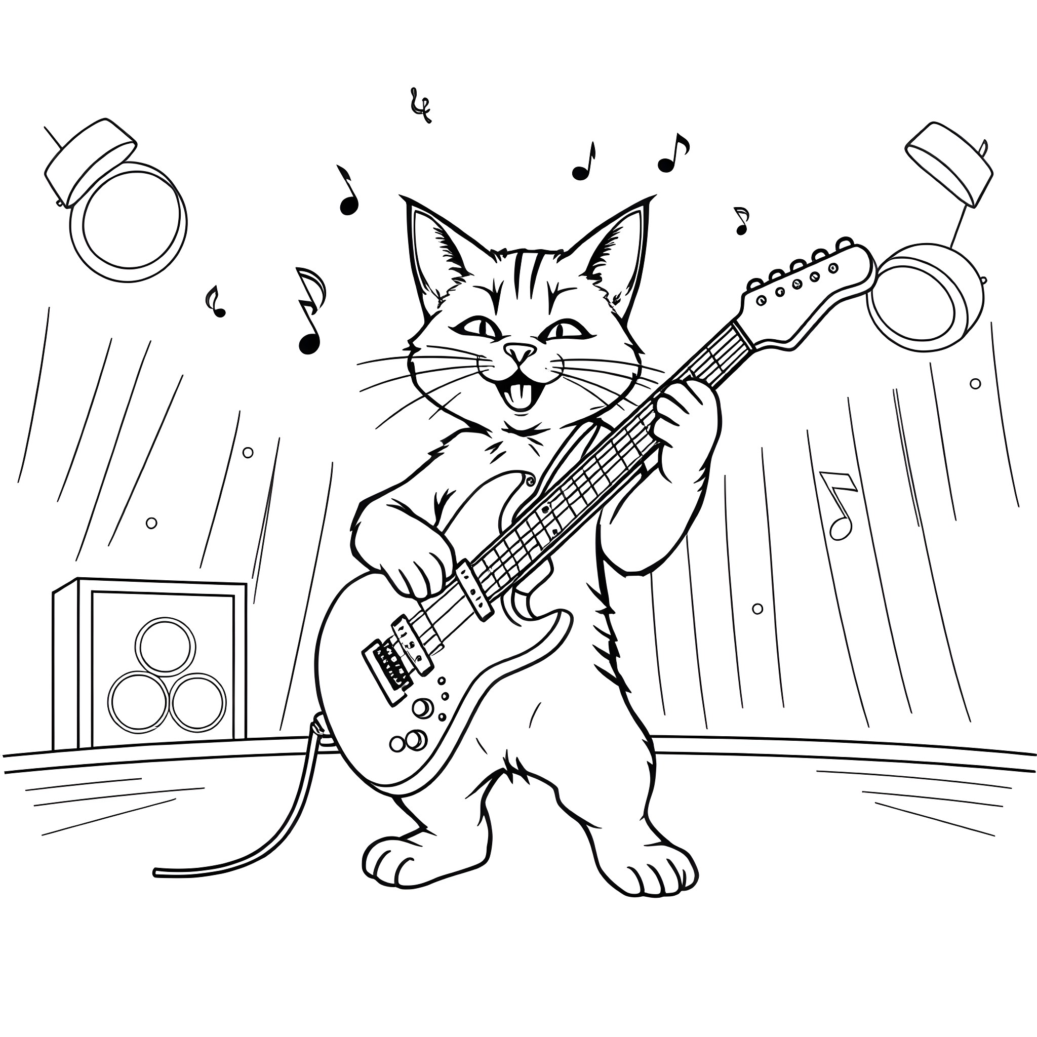 Cat playing music with guitar in studio Coloring Page (free black-and-white line drawing printable PDF for all, from beginners to advanced learners, including children, teens, adults, and seniors)