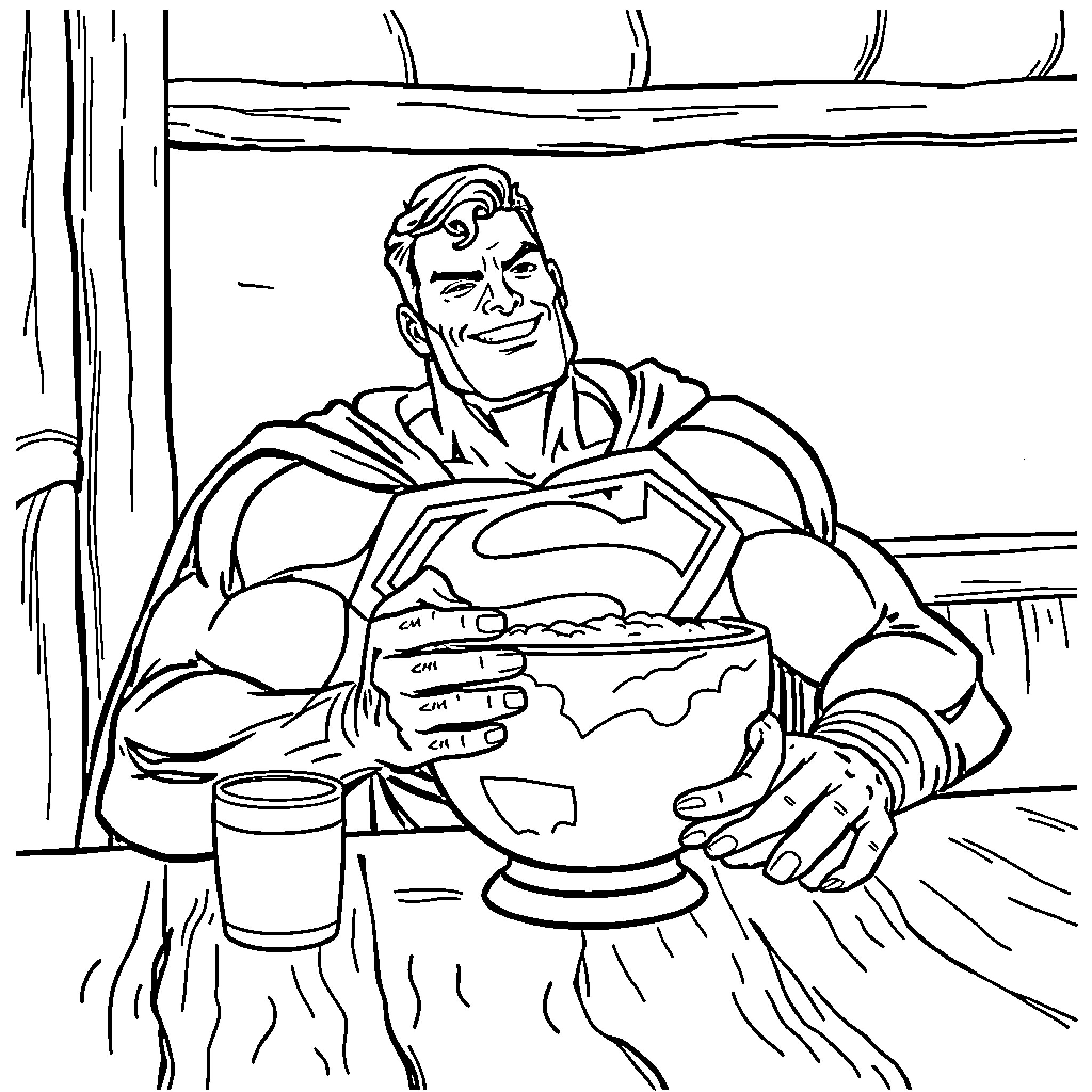 Superman enjoying a hearty meal in a cozy setting Coloring Page (free black-and-white line drawing printable PDF for all, from beginners to advanced learners, including children, teens, adults, and seniors)