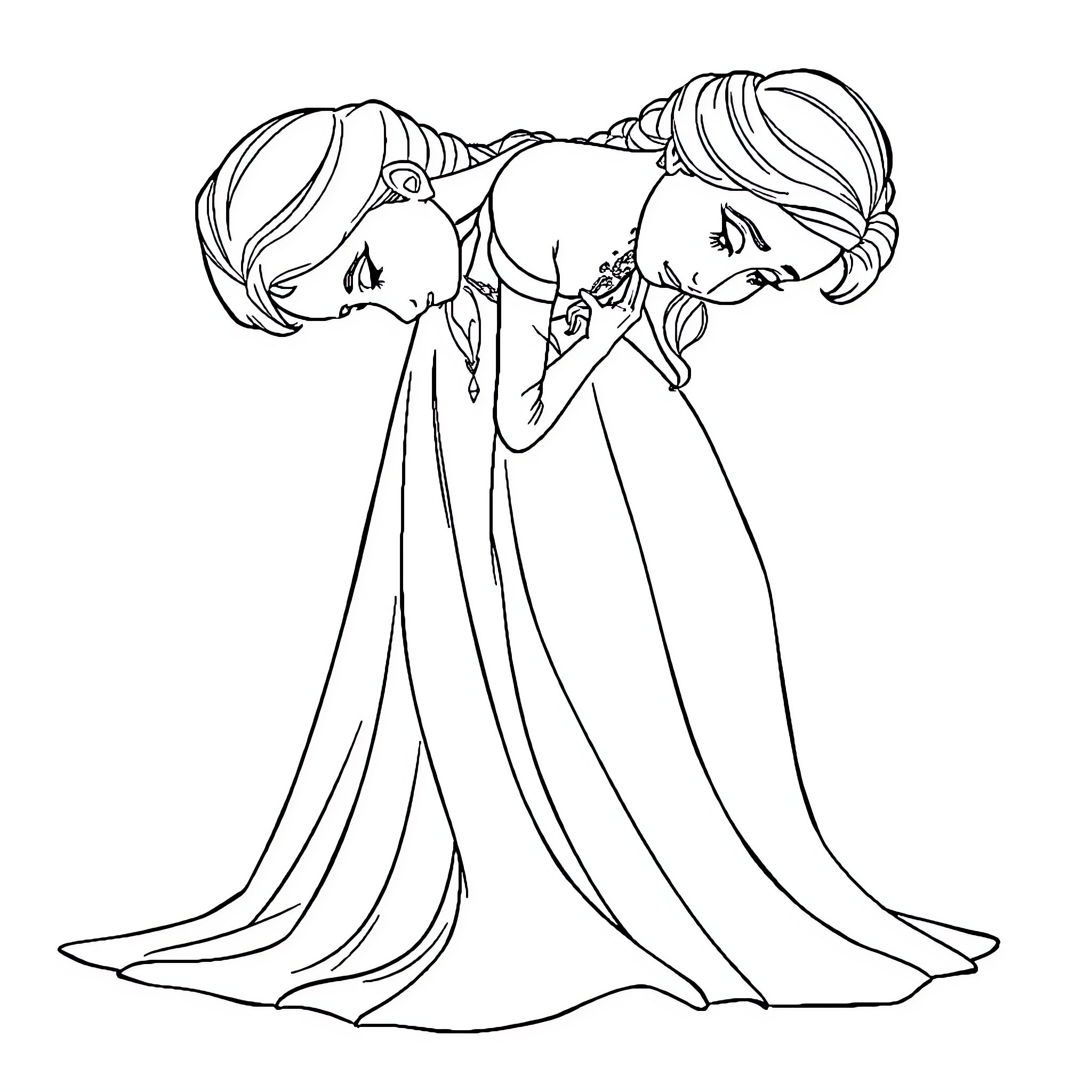 Elsa sisters embracing in gowns Coloring Page (free black-and-white line drawing printable PDF for all, from beginners to advanced learners, including children, teens, adults, and seniors)