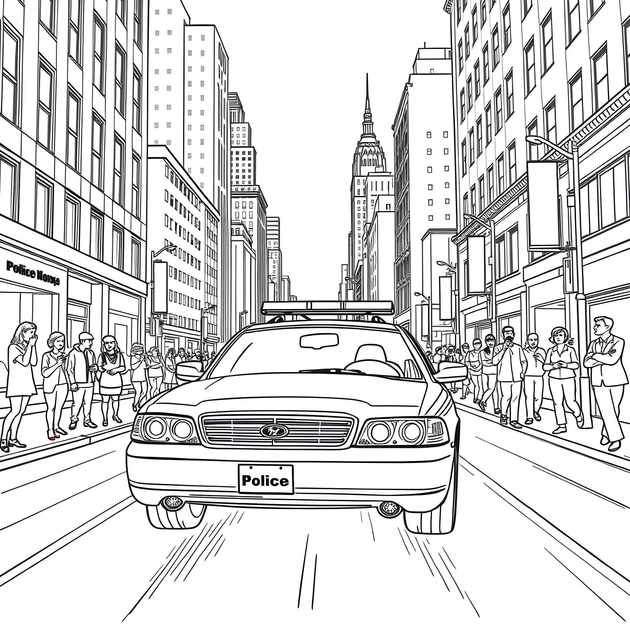 Police Car Responding to an Emergency in the City Coloring Page (free black-and-white line drawing printable PDF for all, from beginners to advanced learners, including children, teens, adults, and seniors)