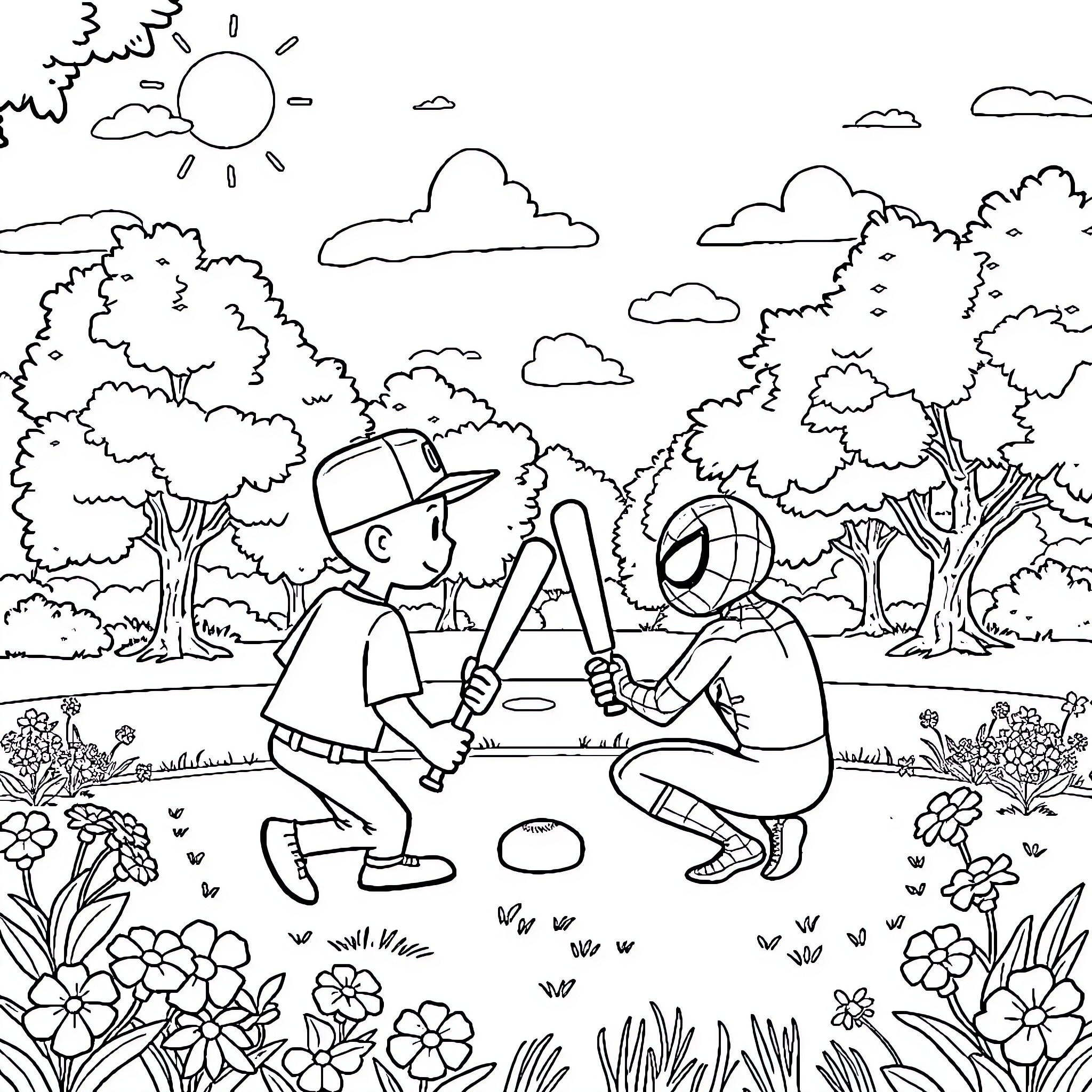 Neighbors playing together in the park Coloring Page (free black-and-white line drawing printable PDF for all, from beginners to advanced learners, including children, teens, adults, and seniors)
