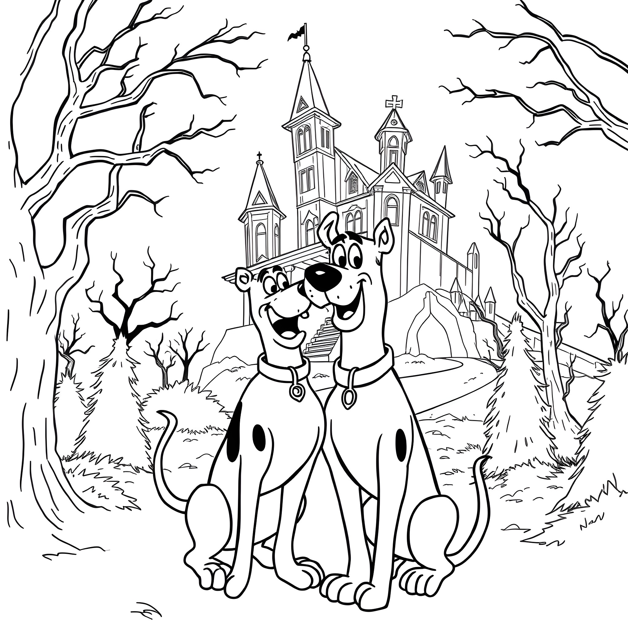 Scooby Doo and Scrappy Doo at the Haunted Castle Coloring Page (free black-and-white line drawing printable PDF for all, from beginners to advanced learners, including children, teens, adults, and seniors)