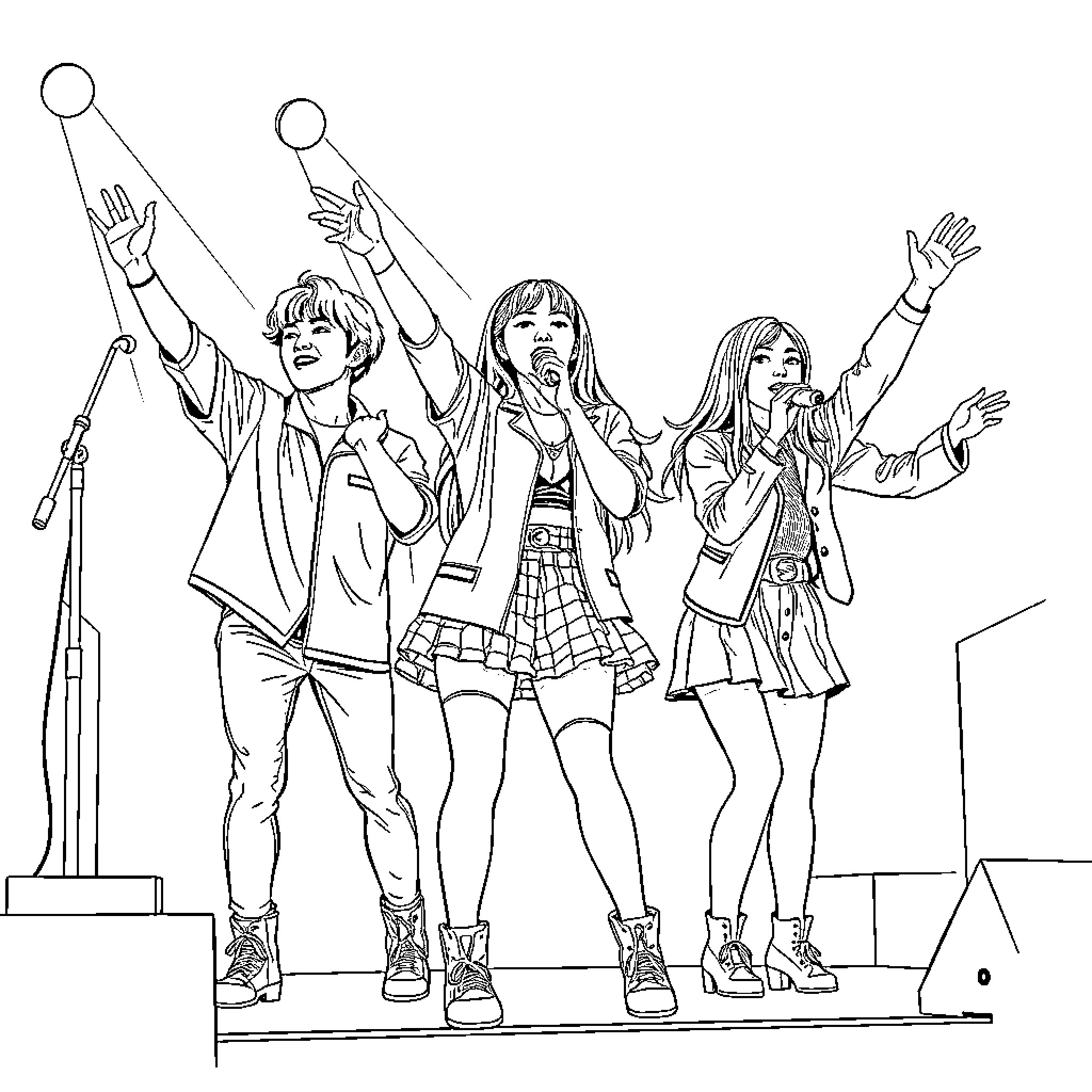 Huntrix Band Performs on Stage Coloring Page (free black-and-white line drawing printable PDF for all, from beginners to advanced learners, including children, teens, adults, and seniors)