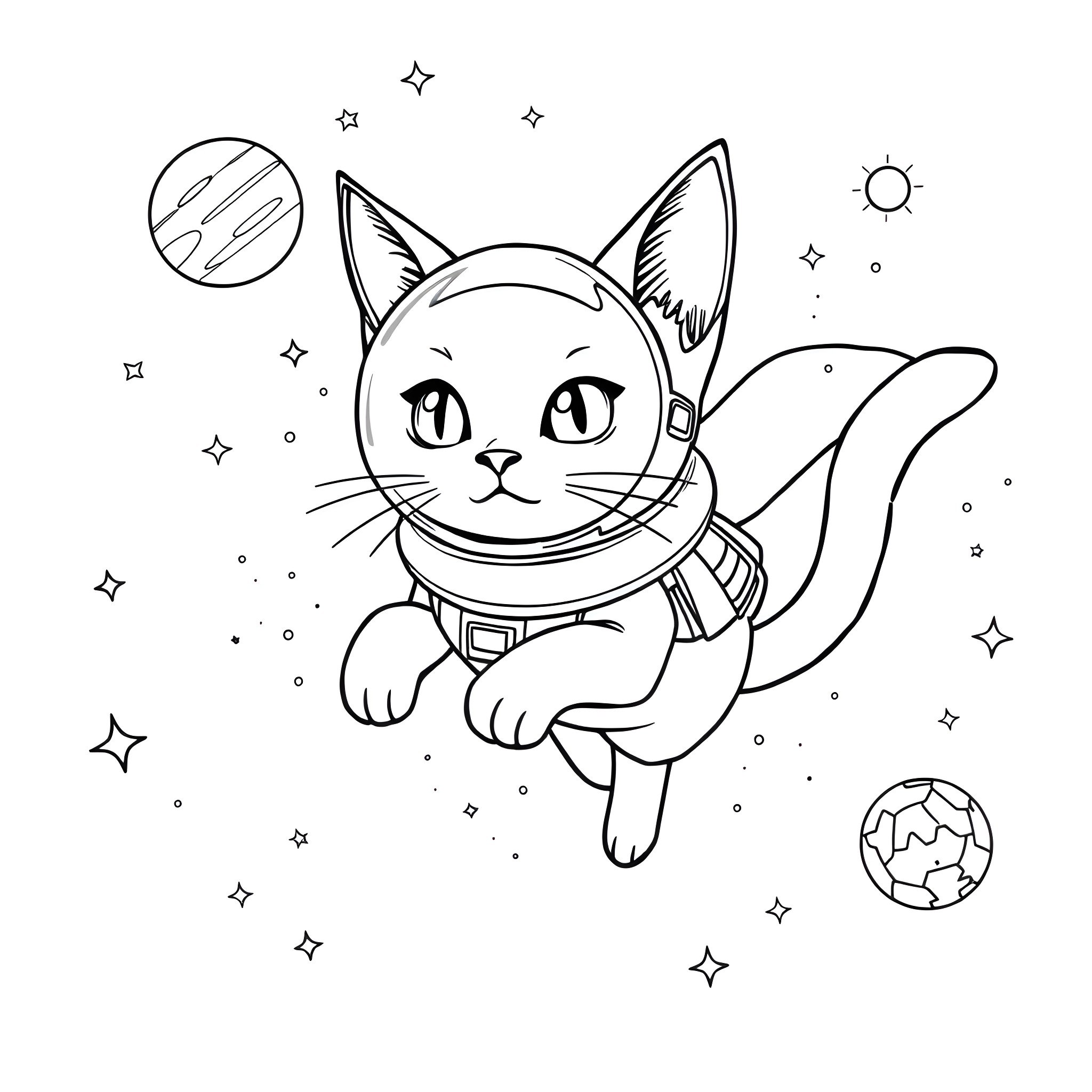 Siamese Cat Exploring the Cosmos Coloring Page (free black-and-white line drawing printable PDF for all, from beginners to advanced learners, including children, teens, adults, and seniors)