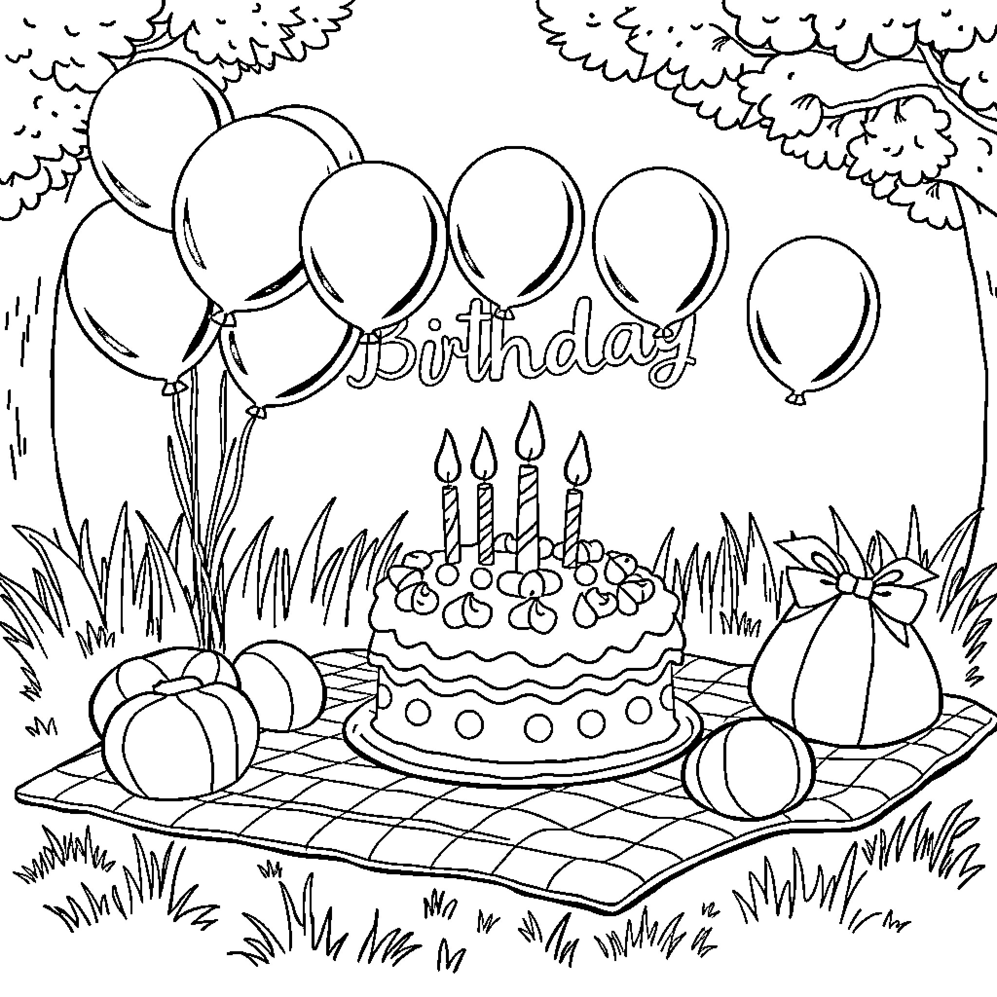 Birthday celebration with cake and balloons Coloring Page (free black-and-white line drawing printable PDF for all, from beginners to advanced learners, including children, teens, adults, and seniors)