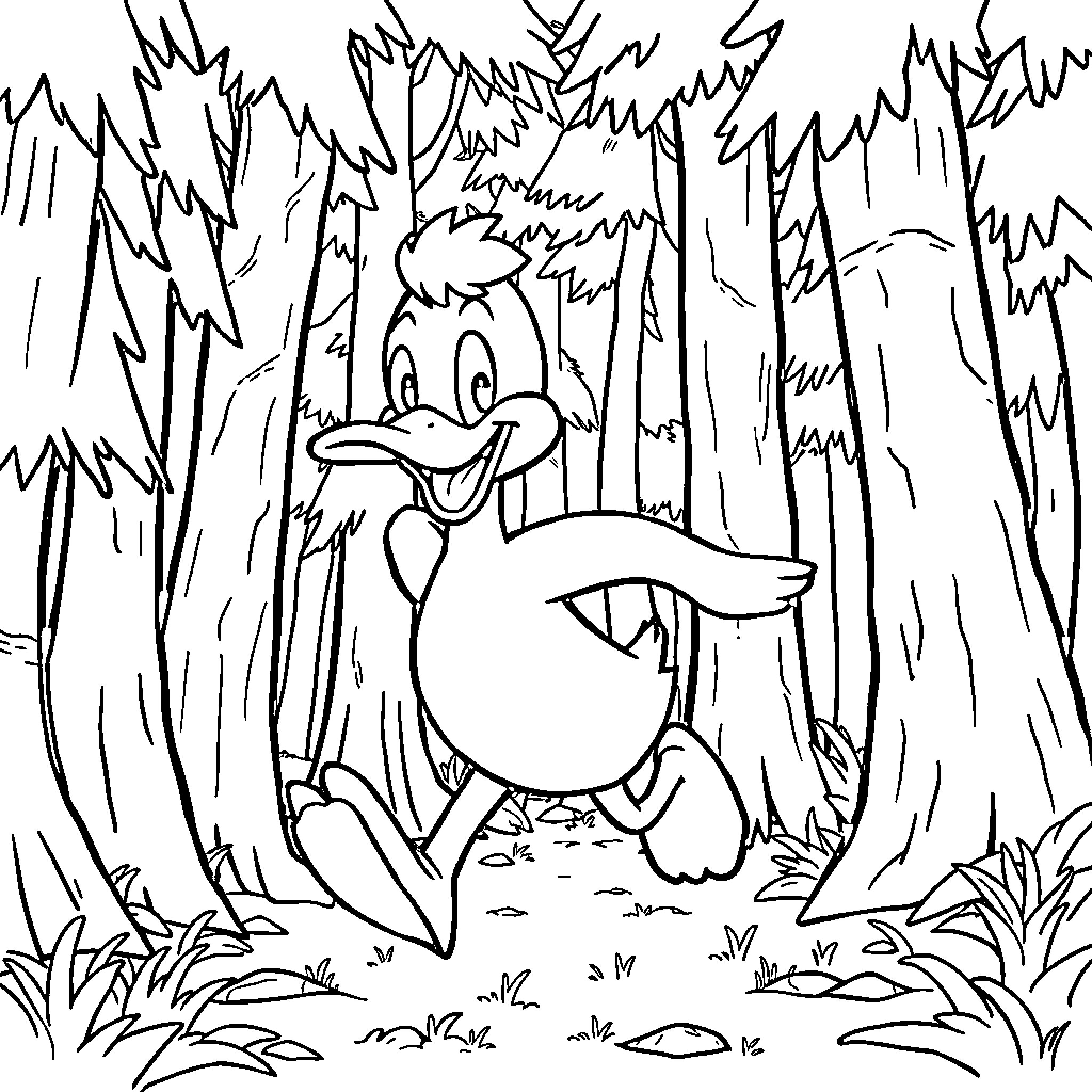 Duck exploring the lively forest Coloring Page (free black-and-white line drawing printable PDF for all, from beginners to advanced learners, including children, teens, adults, and seniors)