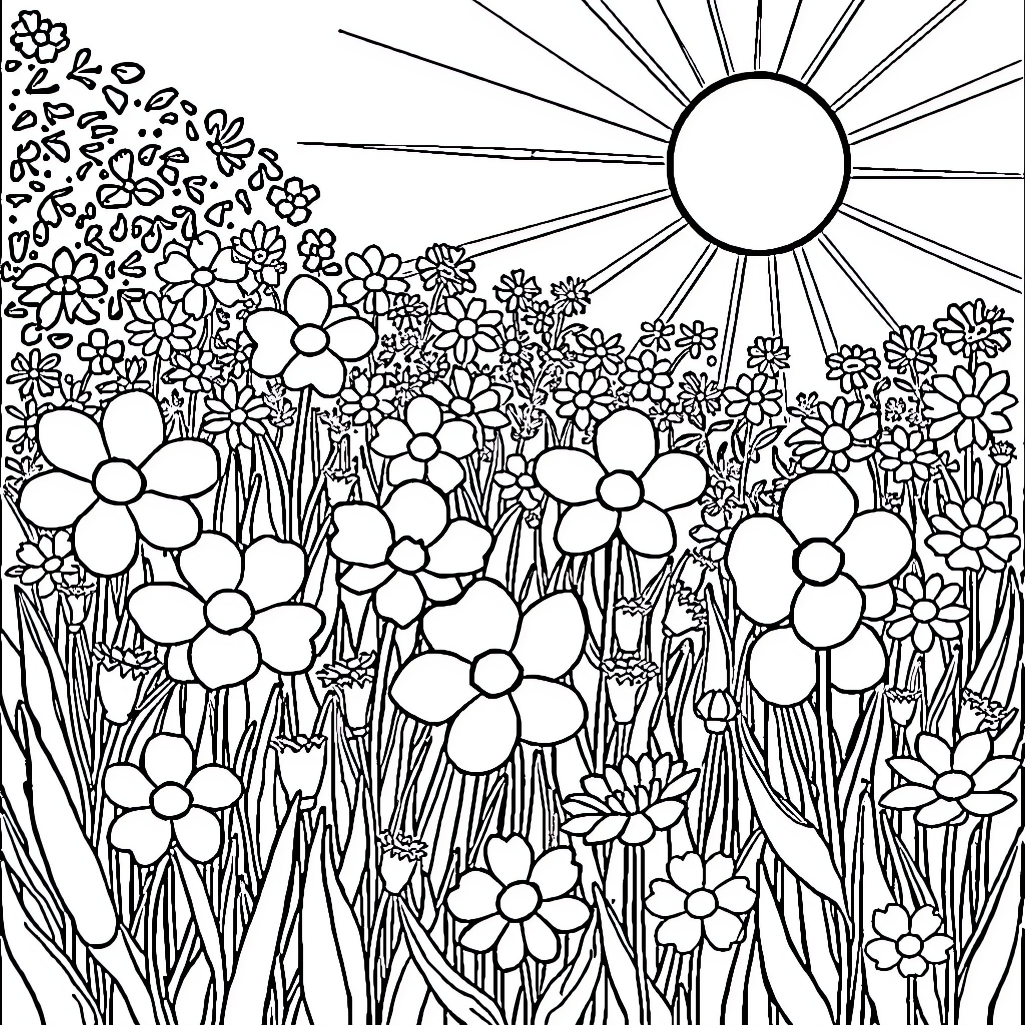 Flower field under the sun Coloring Page (free black-and-white line drawing printable PDF for all, from beginners to advanced learners, including children, teens, adults, and seniors)