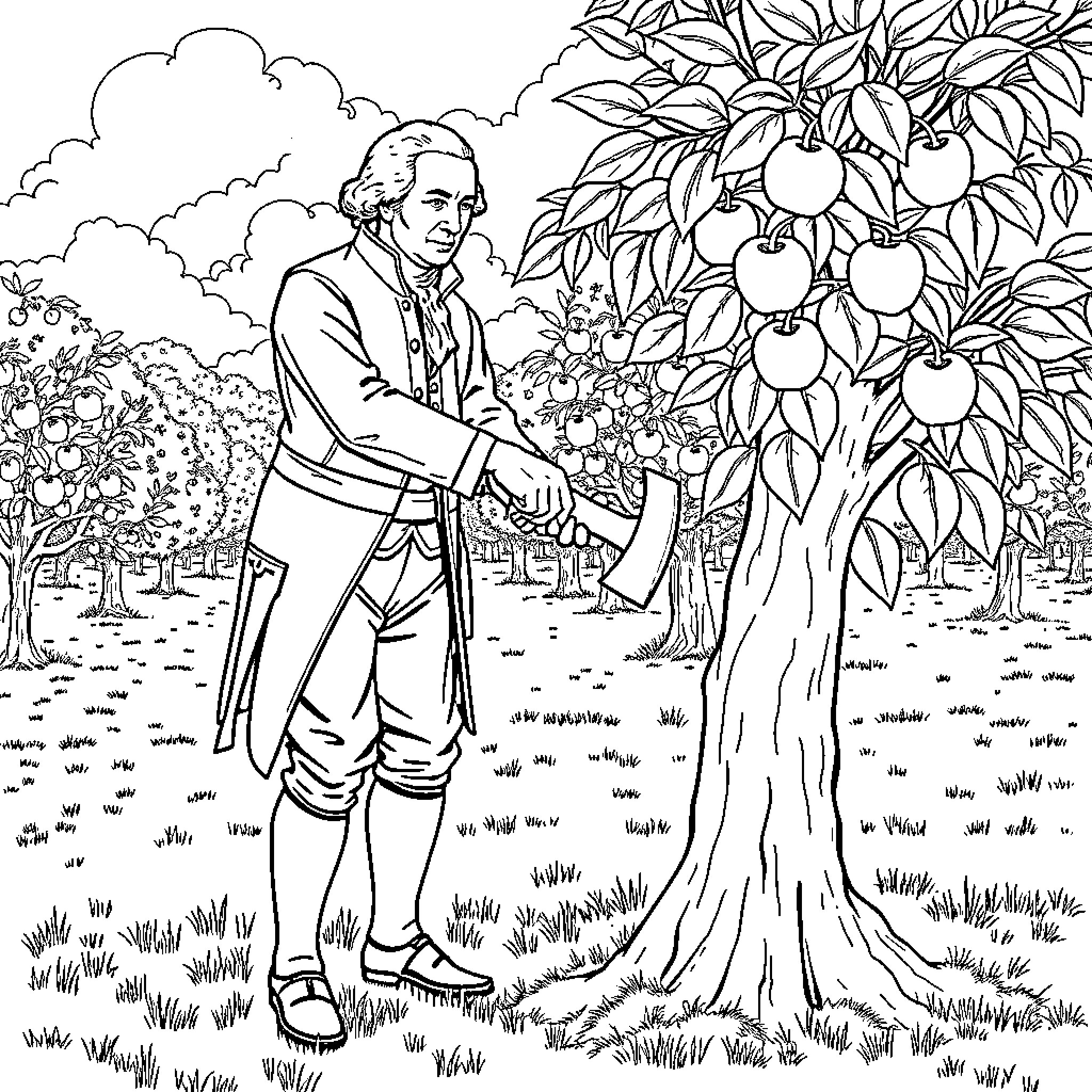 George Washington admiring the apple orchard Coloring Page (free black-and-white line drawing printable PDF for all, from beginners to advanced learners, including children, teens, adults, and seniors)