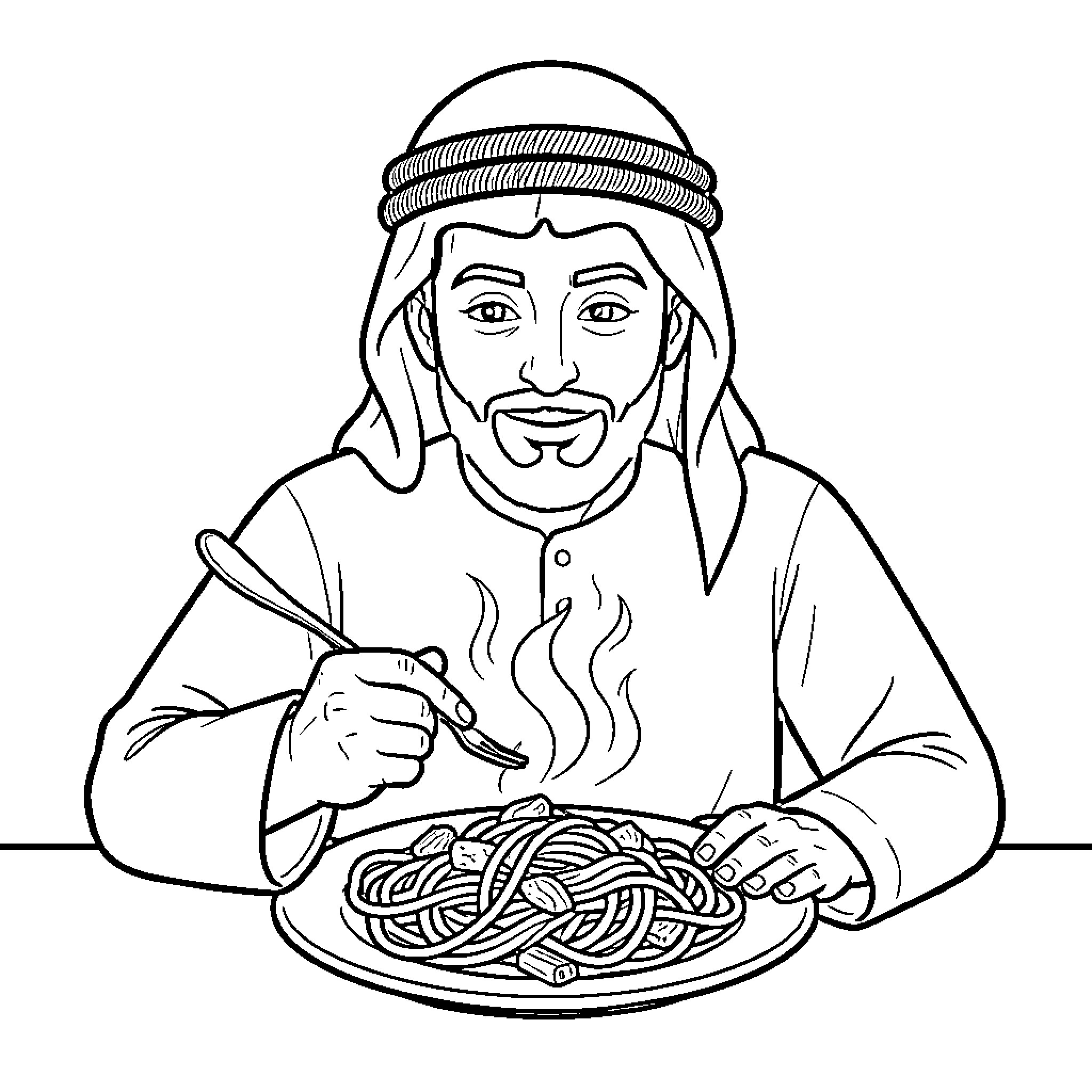 Hombre enjoying a hearty Middle Eastern meal Coloring Page (free black-and-white line drawing printable PDF for all, from beginners to advanced learners, including children, teens, adults, and seniors)