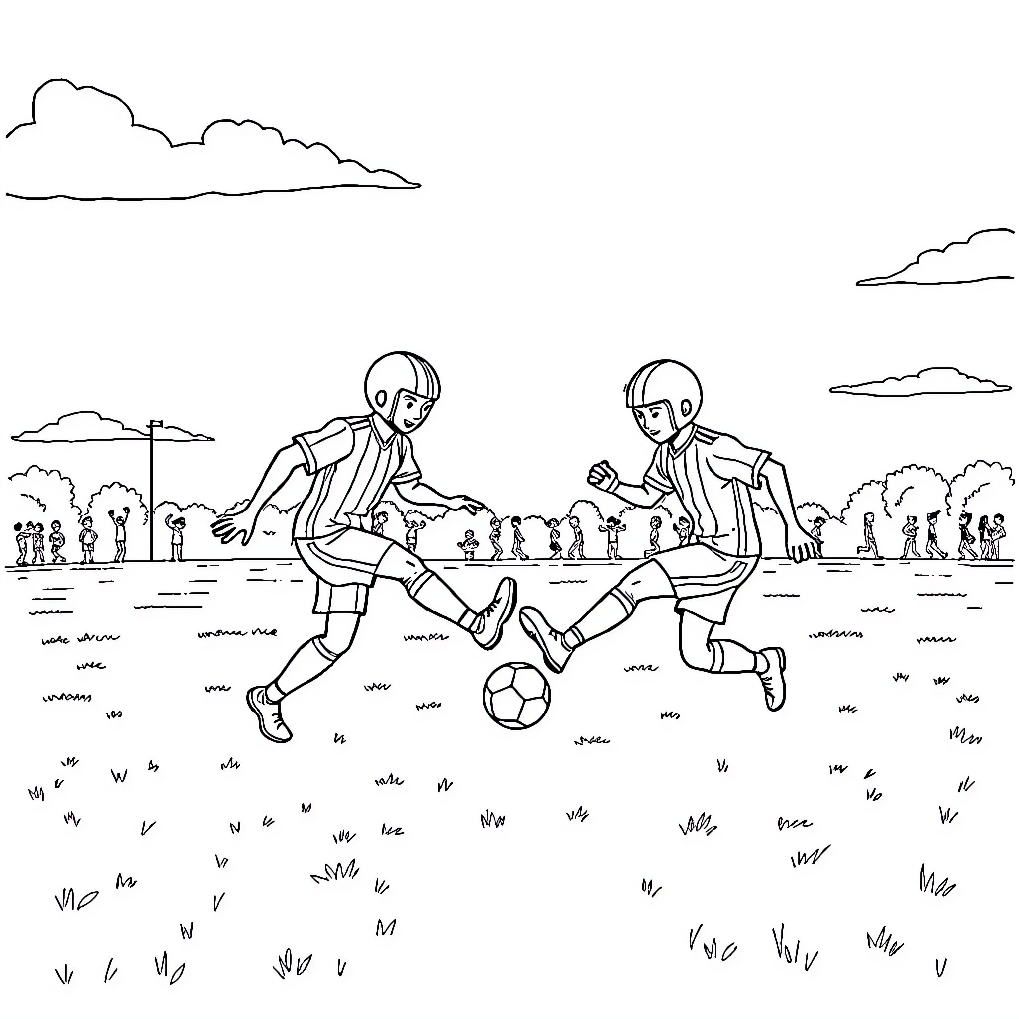 Paw Patrol characters playing soccer outdoors Coloring Page (free black-and-white line drawing printable PDF for all, from beginners to advanced learners, including children, teens, adults, and seniors)
