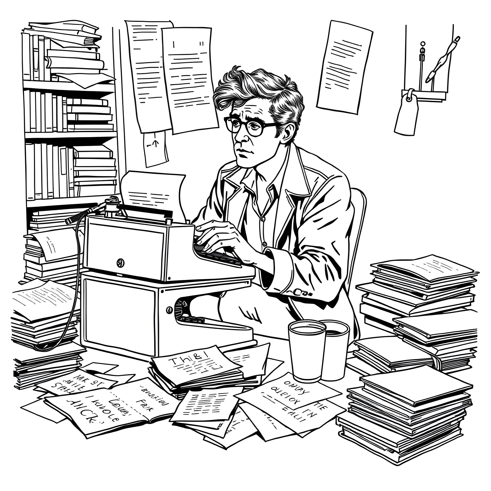 Jack Kerouac working diligently at his typewriter in a cluttered office Coloring Page (free black-and-white line drawing printable PDF for all, from beginners to advanced learners, including children, teens, adults, and seniors)